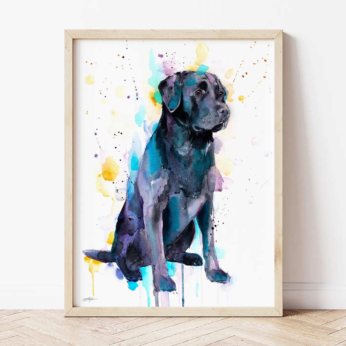 Art print with a watercolour black labrador print