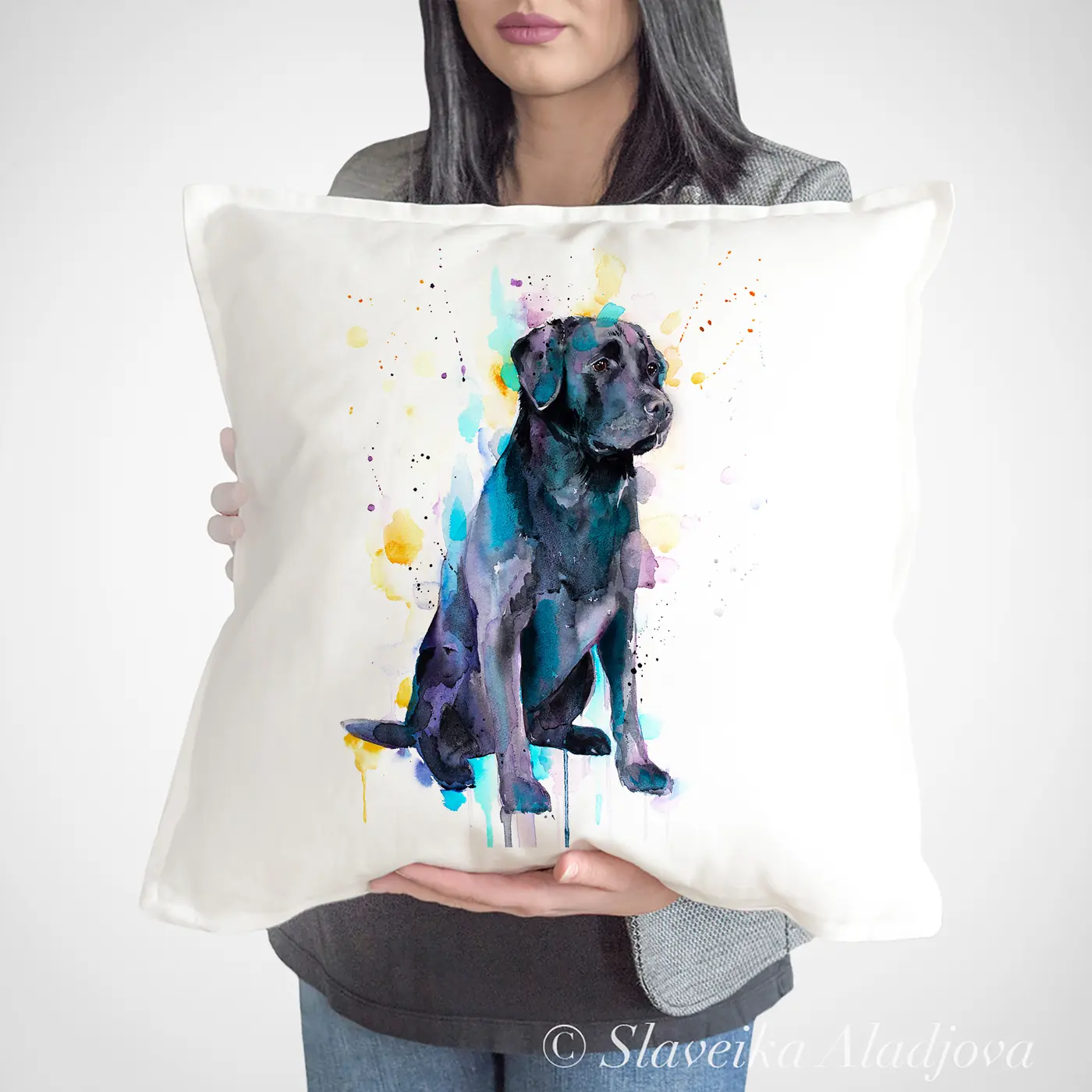 Cushion with a watercolour black labrador print