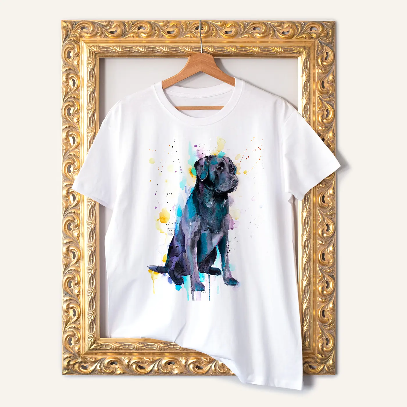 White t-shirt with a watercolour black labrador print