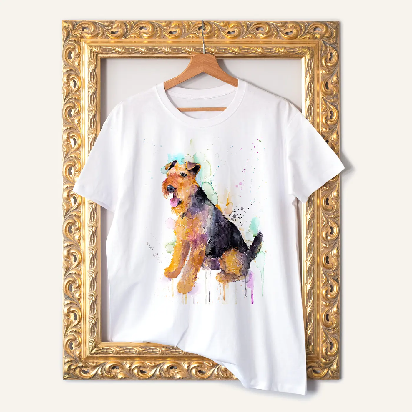 White t-shirt with a watercolour welsh terrier print