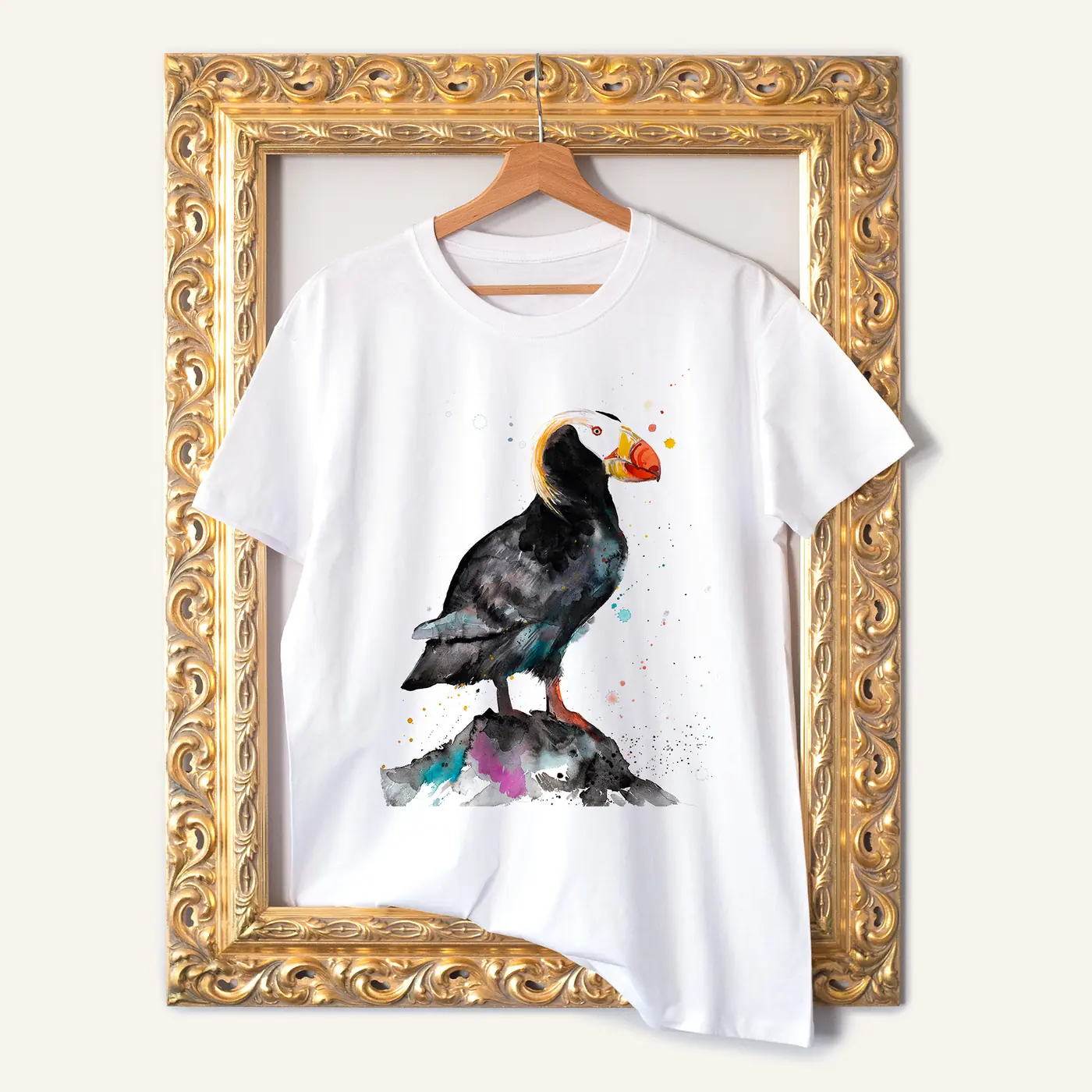 White t-shirt with a watercolour tufted puffin print