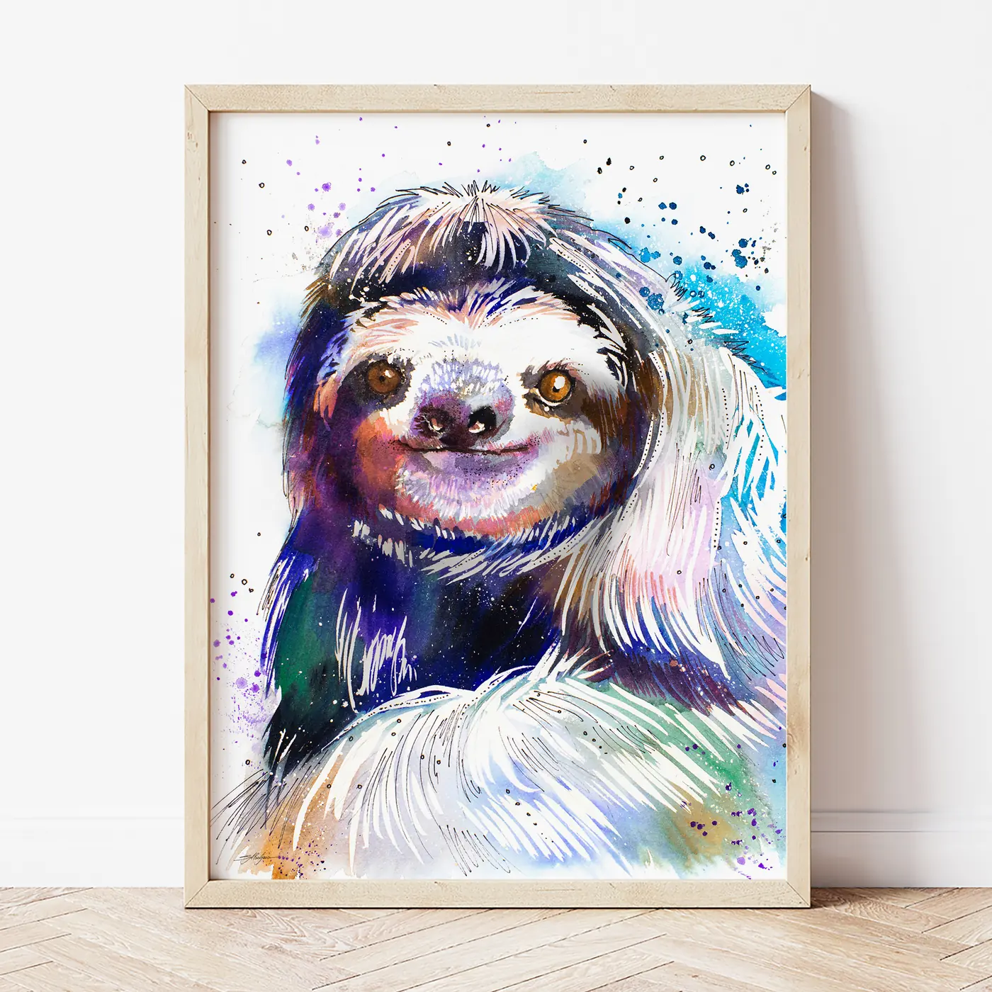 Art print with a watercolour sloth print