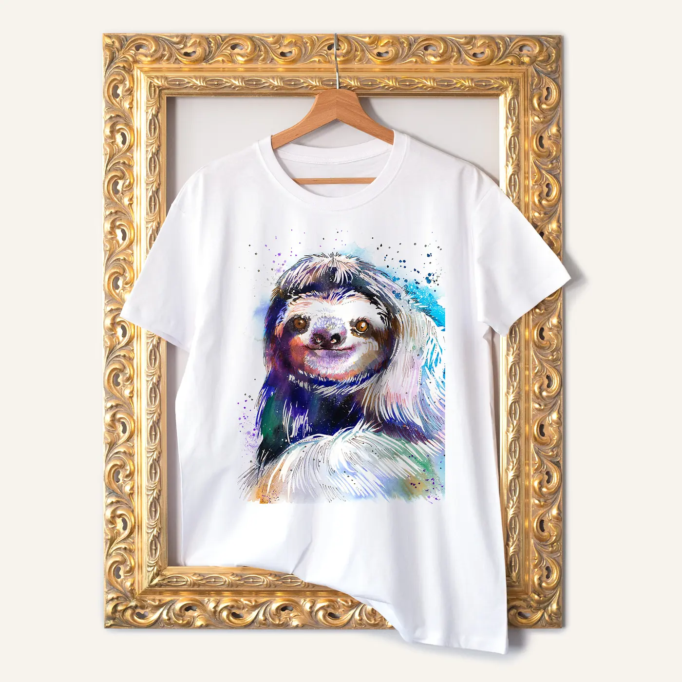 White t-shirt with a watercolour sloth print