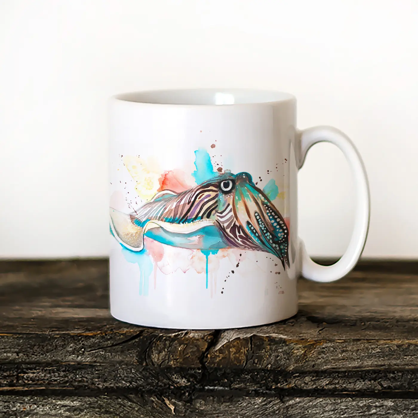Ceramic mug with a watercolour cuttlefish print