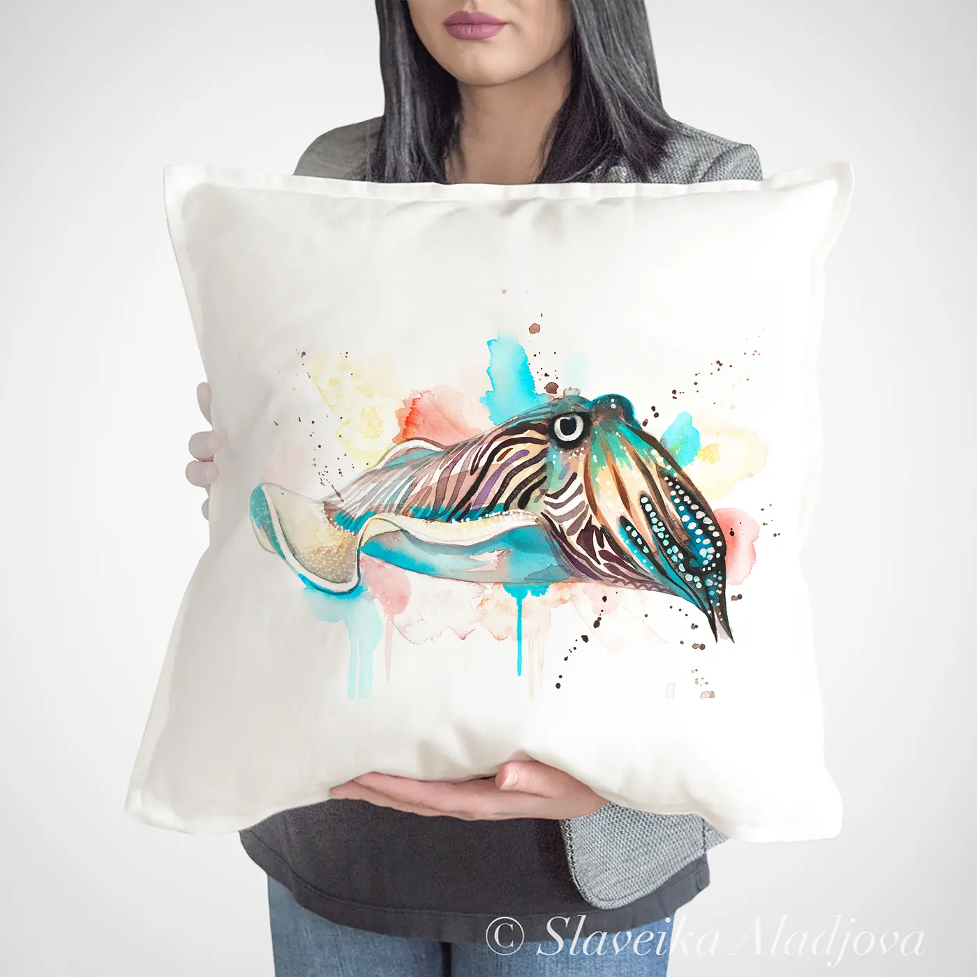 Cushion with a watercolour cuttlefish print