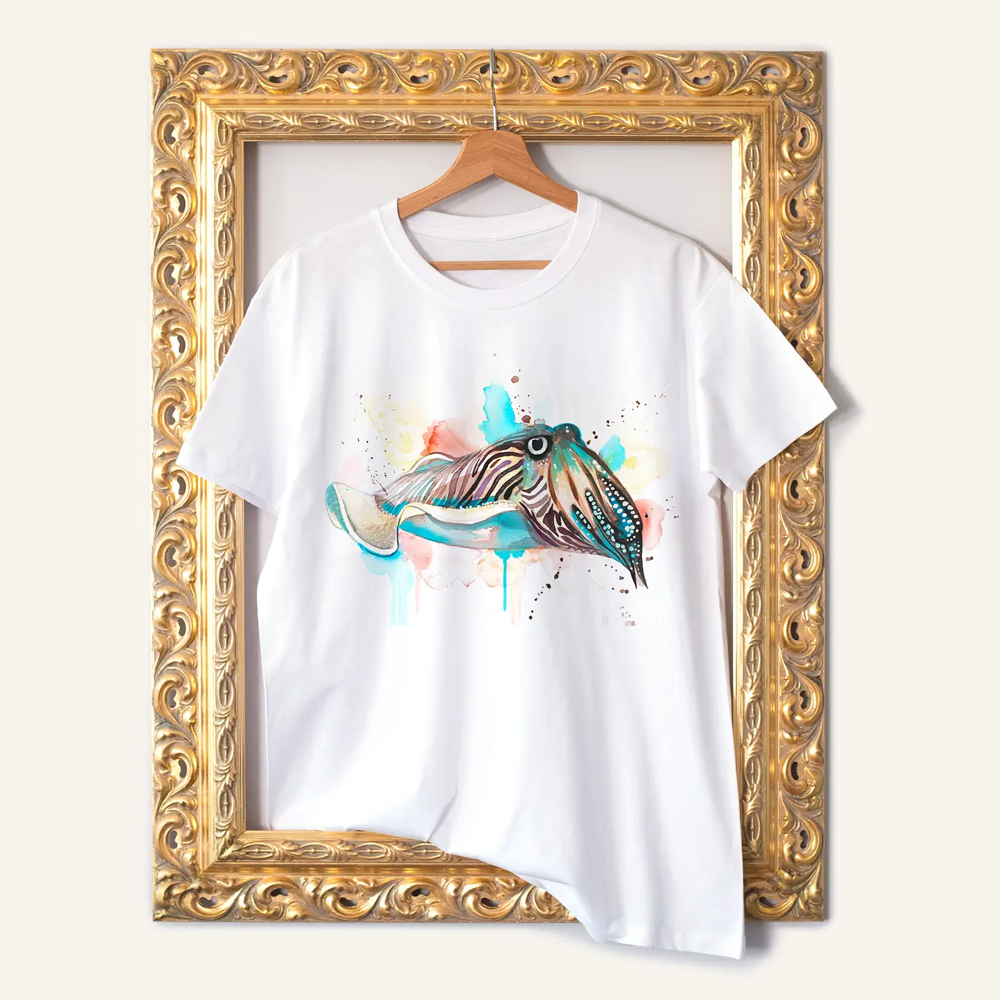 White t-shirt with a watercolour cuttlefish print