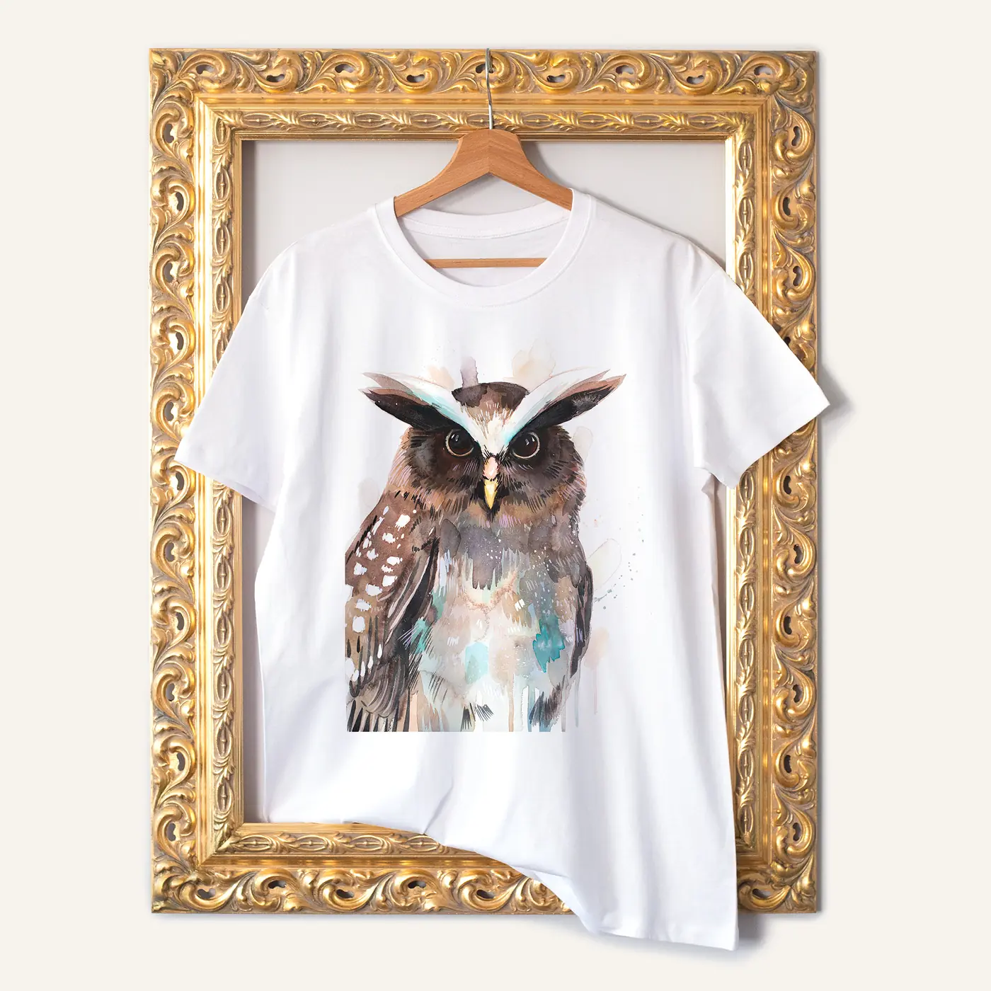 White t-shirt with a watercolour wood owl print