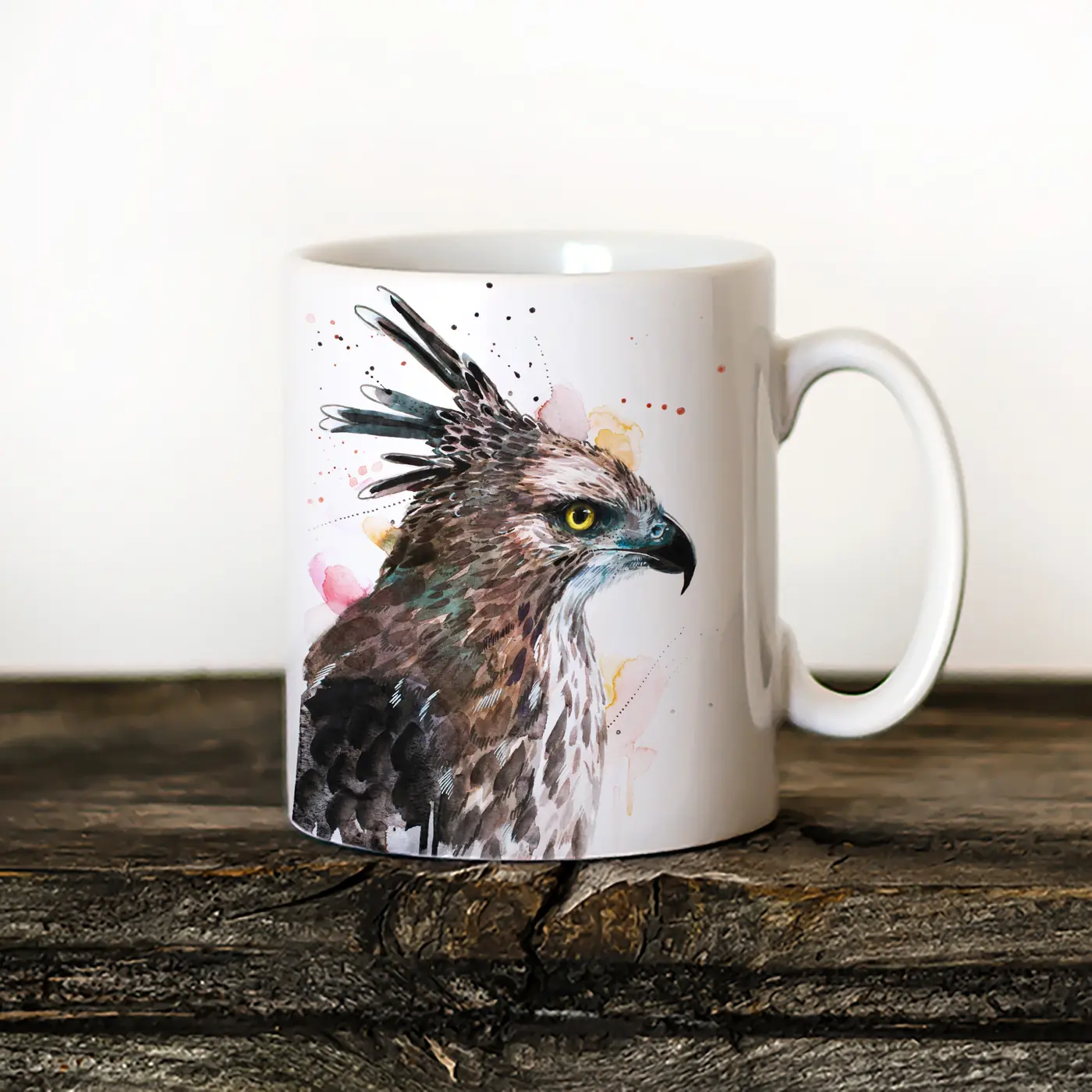 Ceramic mug with a watercolour hawk-eagle print