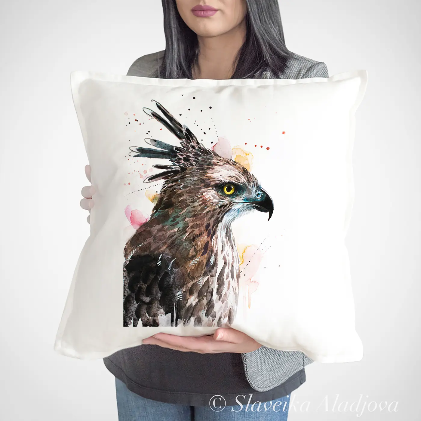 Cushion with a watercolour hawk-eagle print