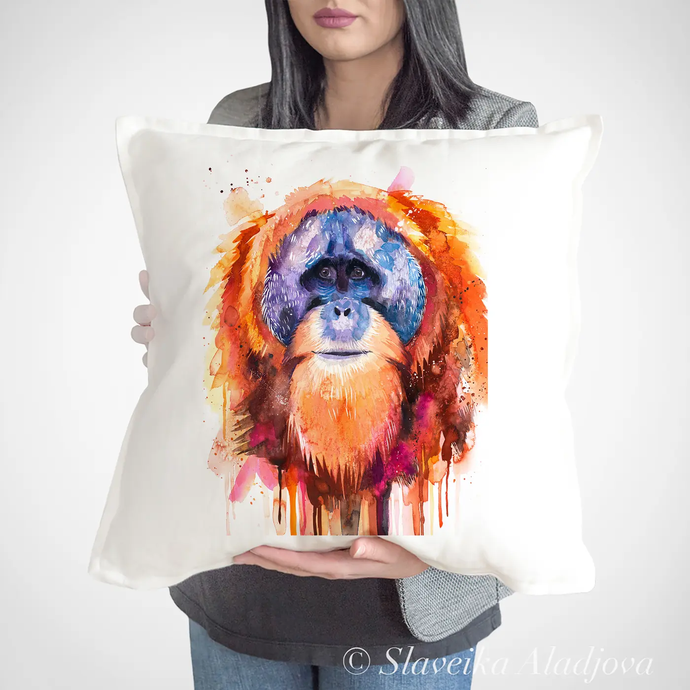 Cushion with a watercolour adult orangutan print