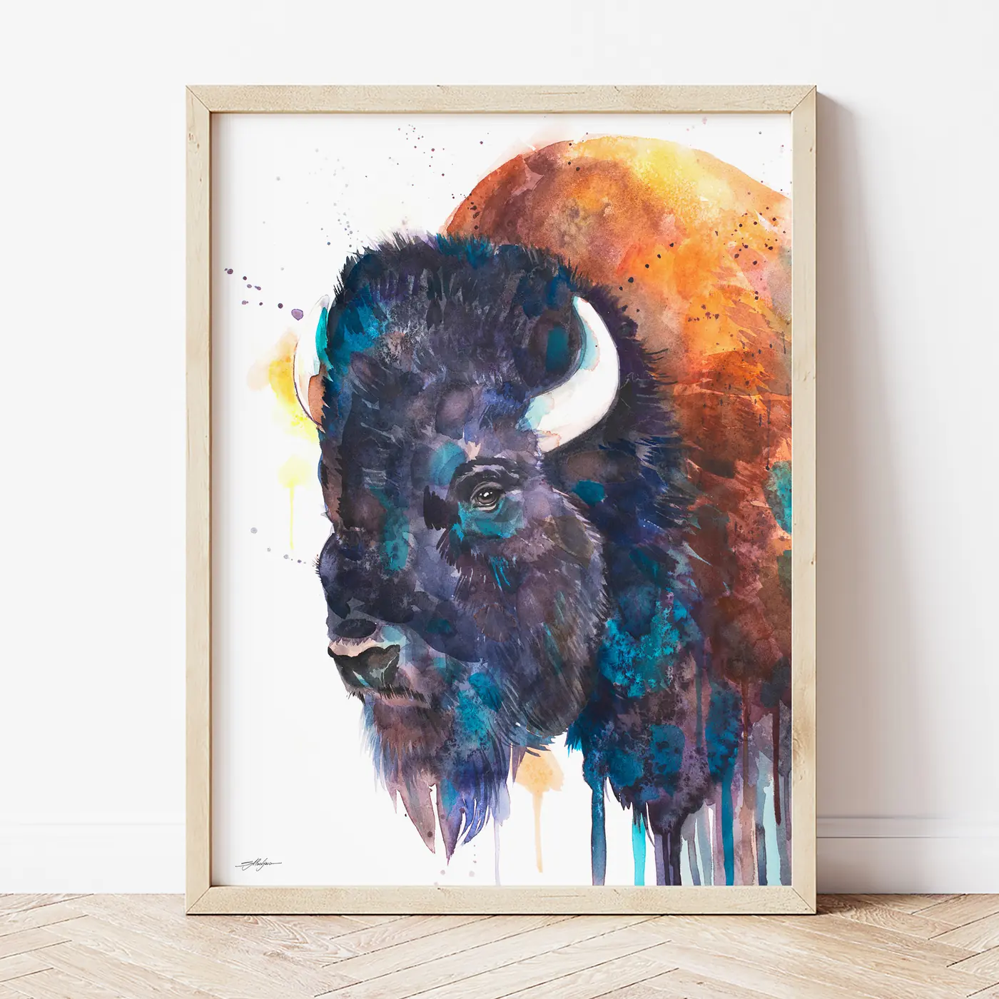 Art print with a watercolour american bison print