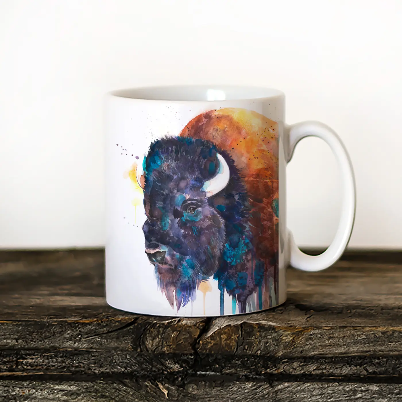 Ceramic mug with a watercolour american bison print