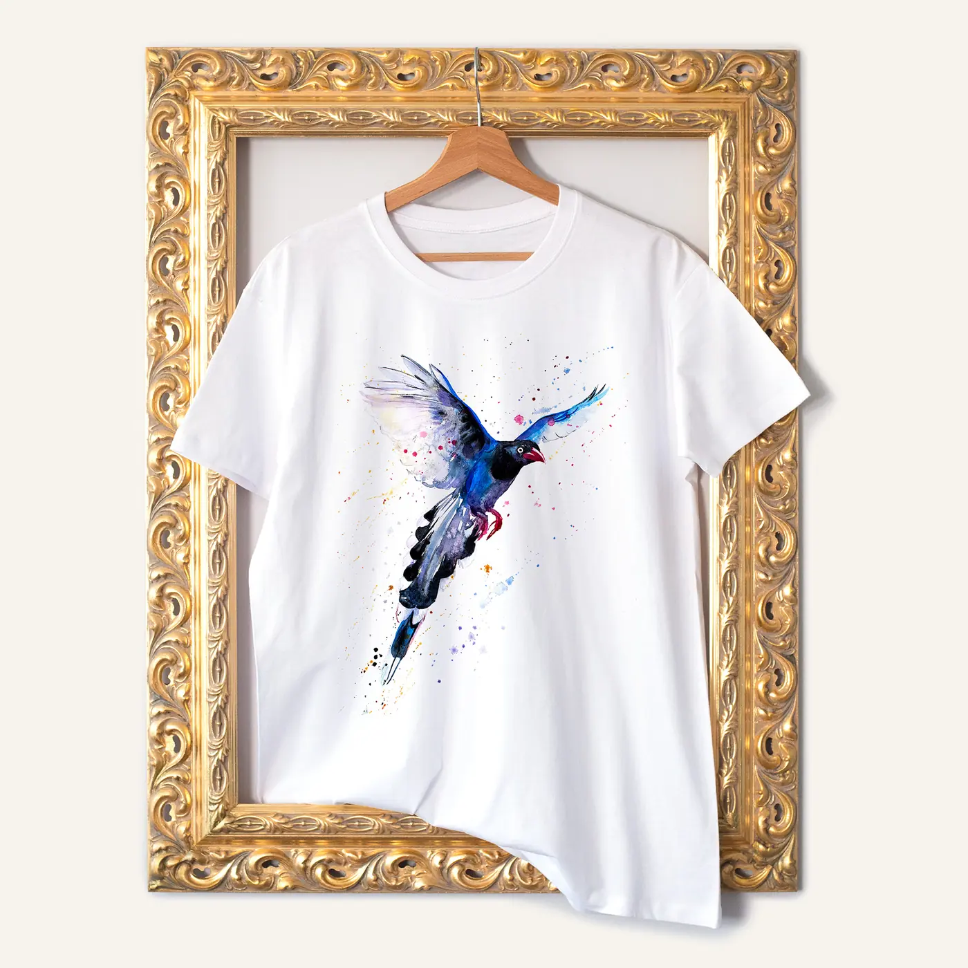 White t-shirt with a watercolour taiwan blue magpie print