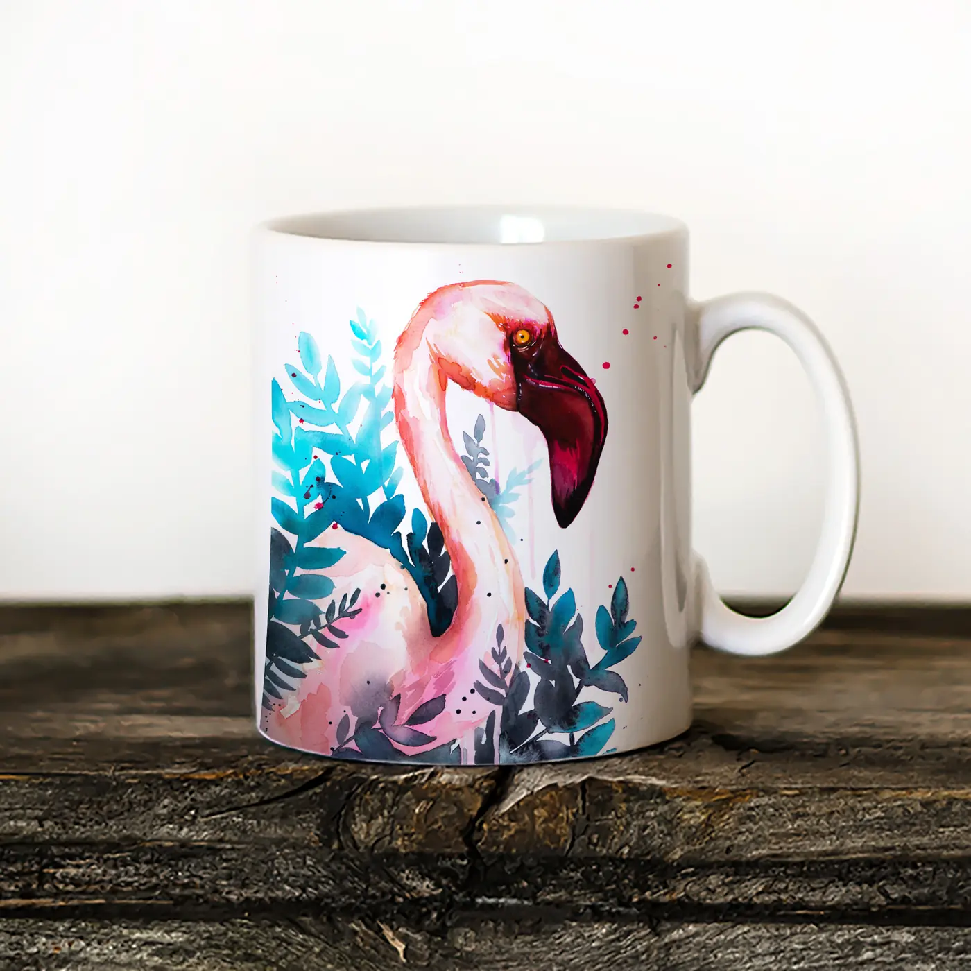 Ceramic mug with a watercolour flamingo print