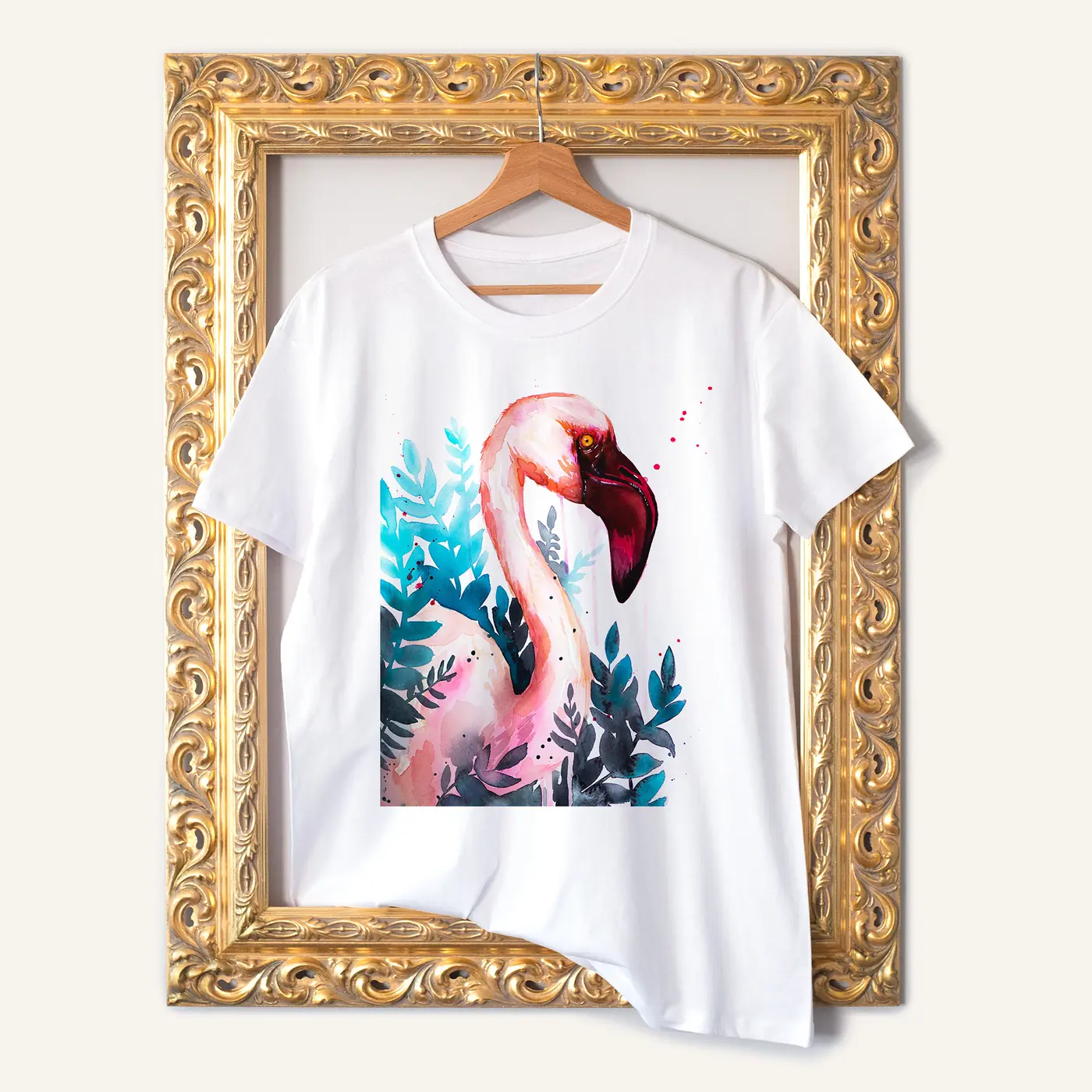 White t-shirt with a watercolour flamingo print