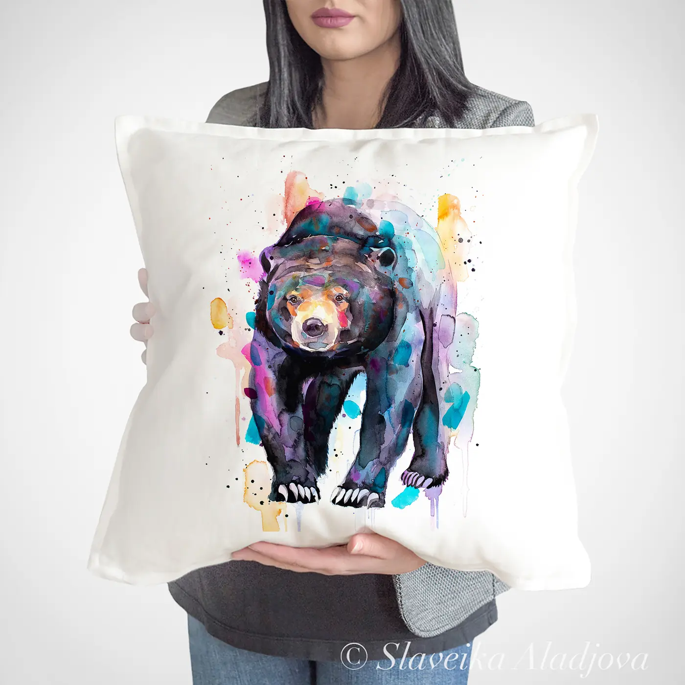 Cushion with a watercolour sun bear print