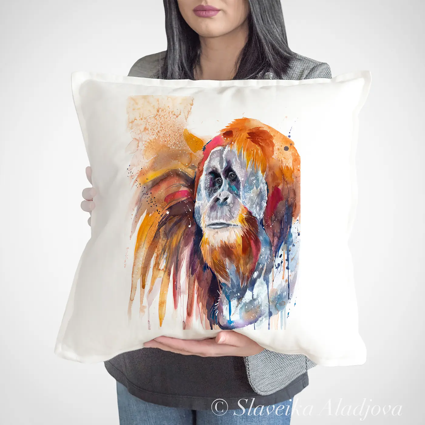 Cushion with a watercolour sumatran orangutan print