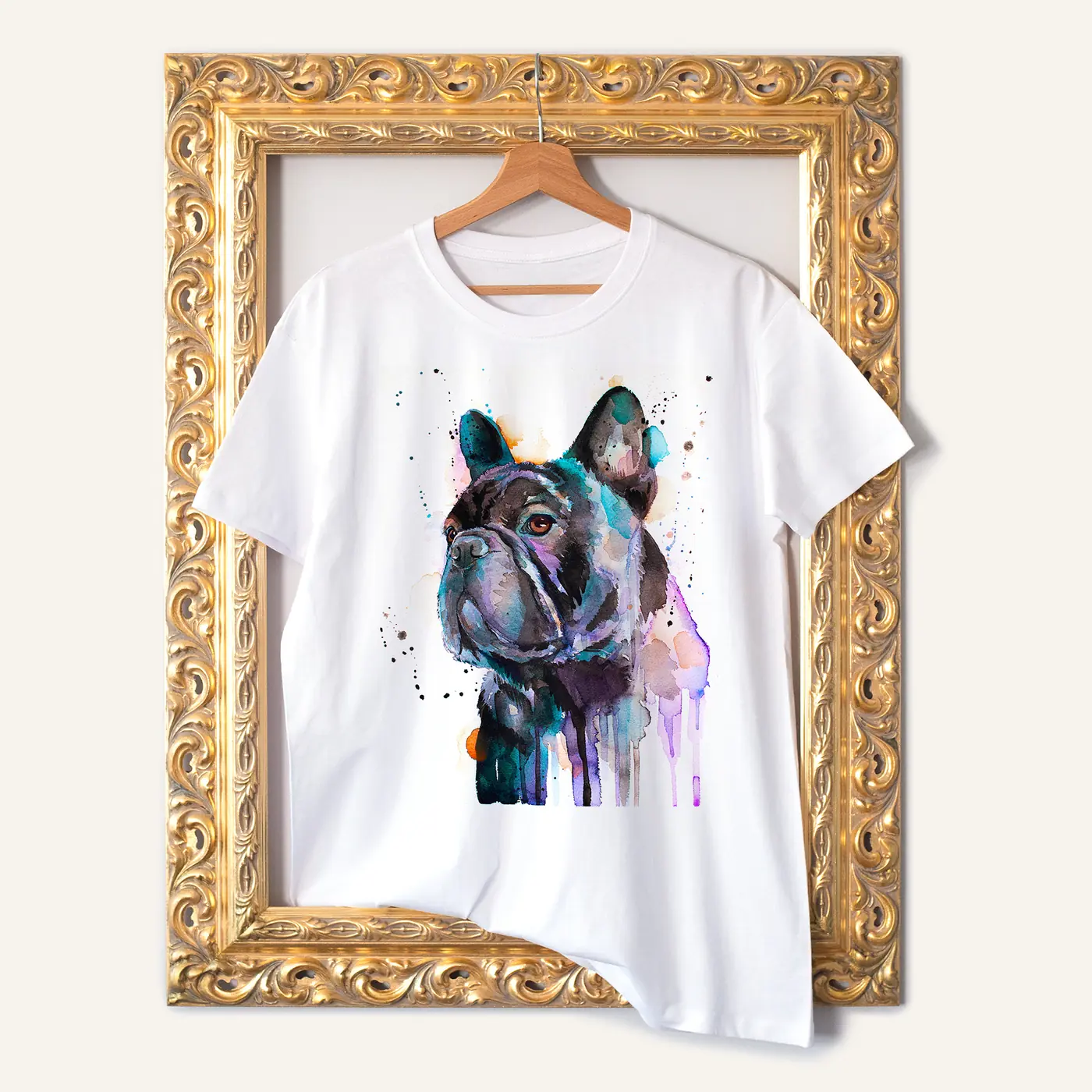 White t-shirt with a watercolour french bulldog print