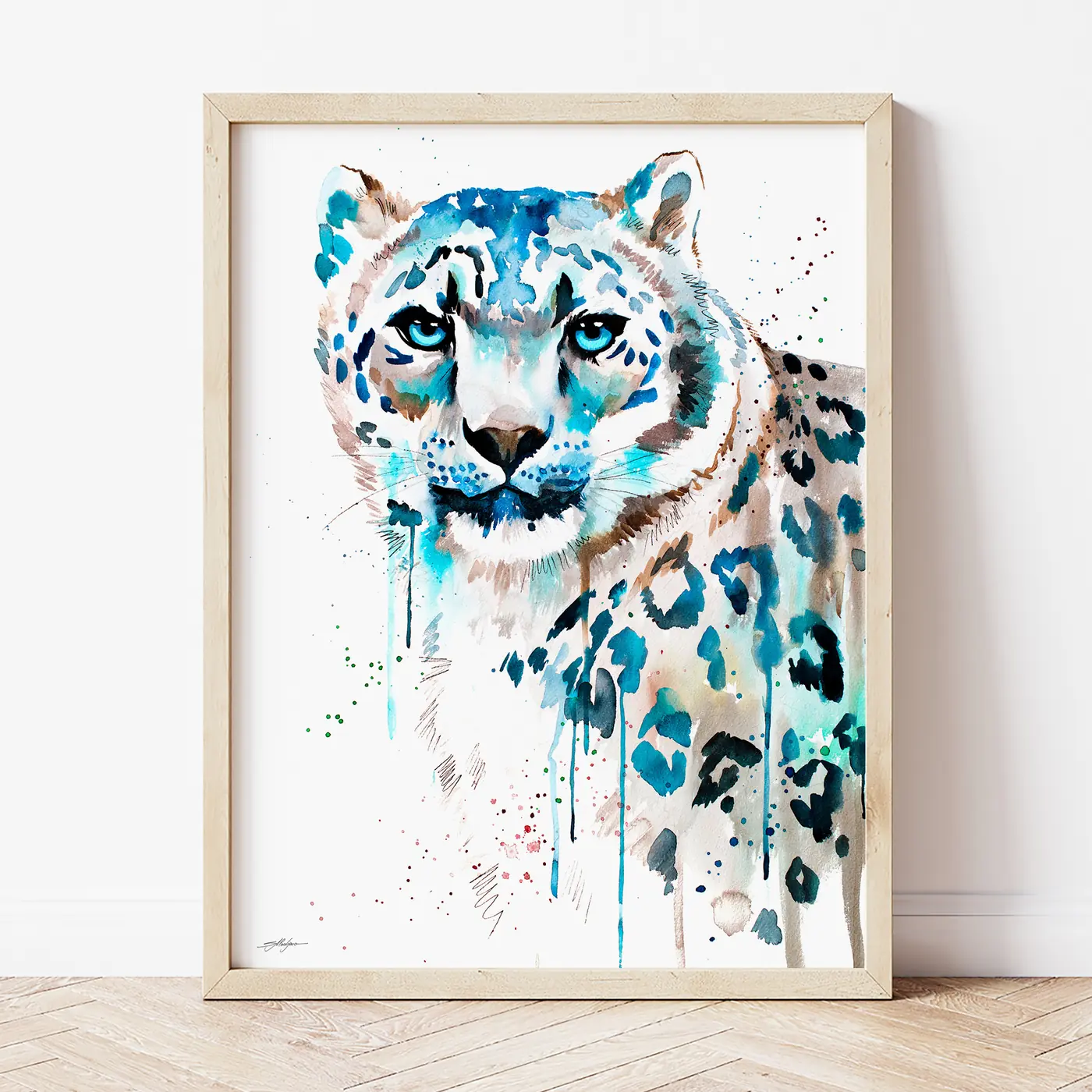 Art print with a watercolour snow leopard print