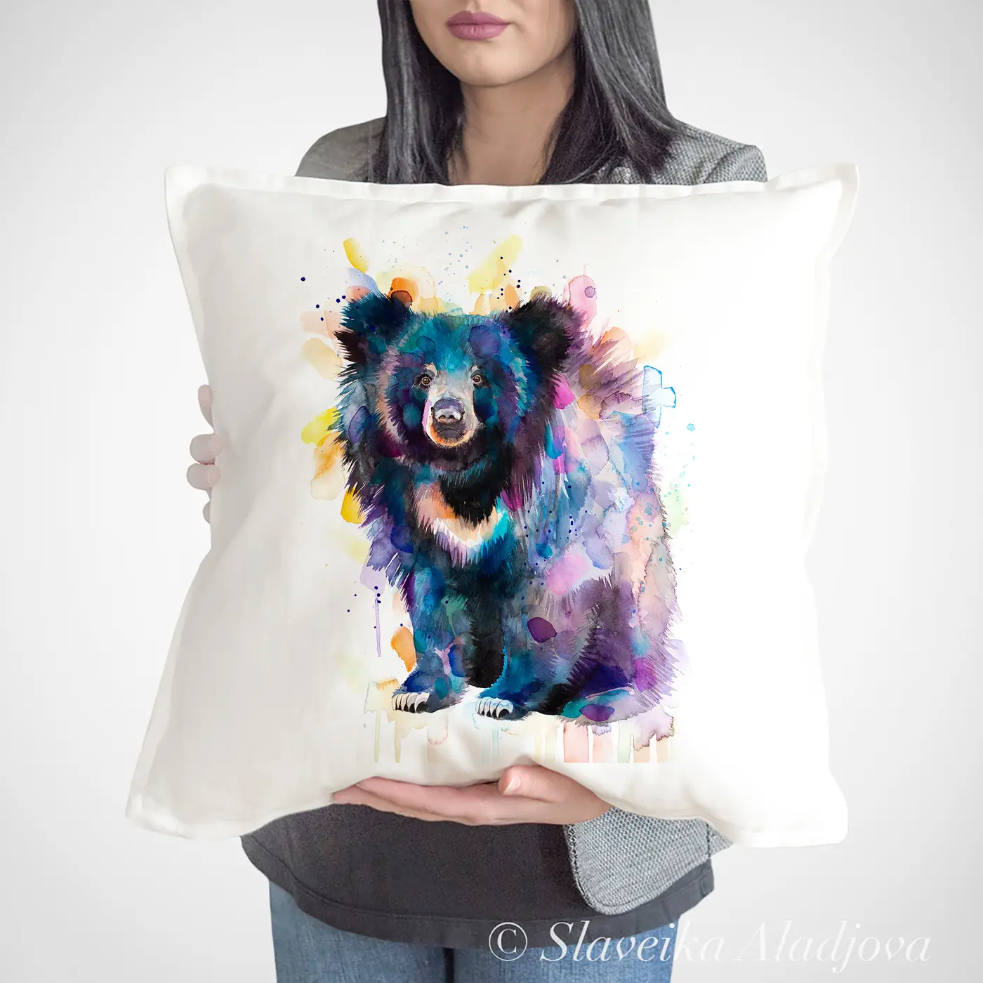 Cushion with a watercolour sloth bear print