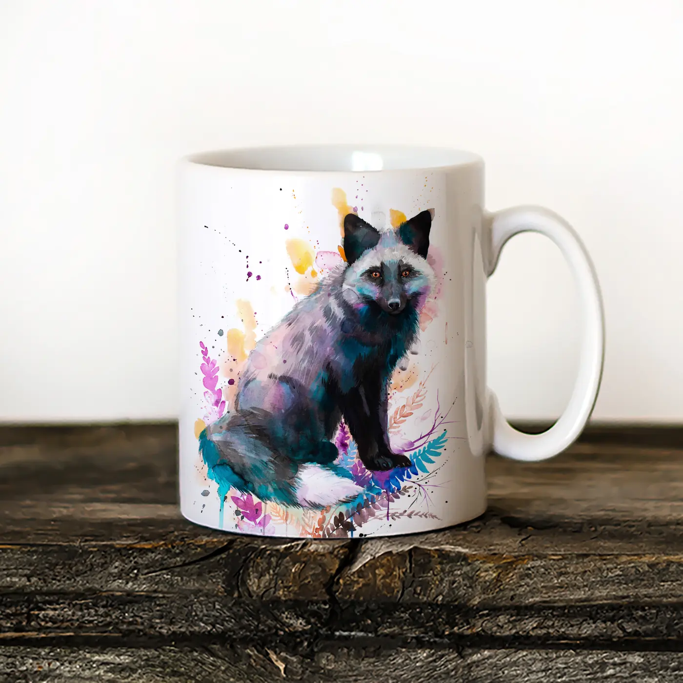 Ceramic mug with a watercolour silver fox print