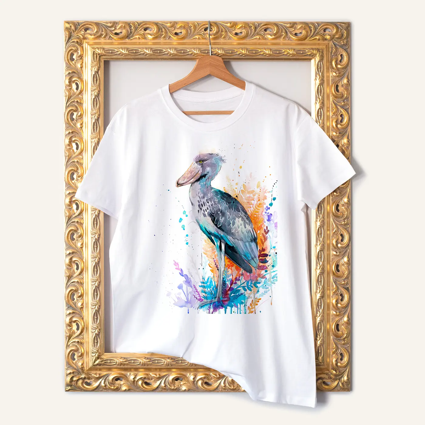 White t-shirt with a watercolour shoebill stork print