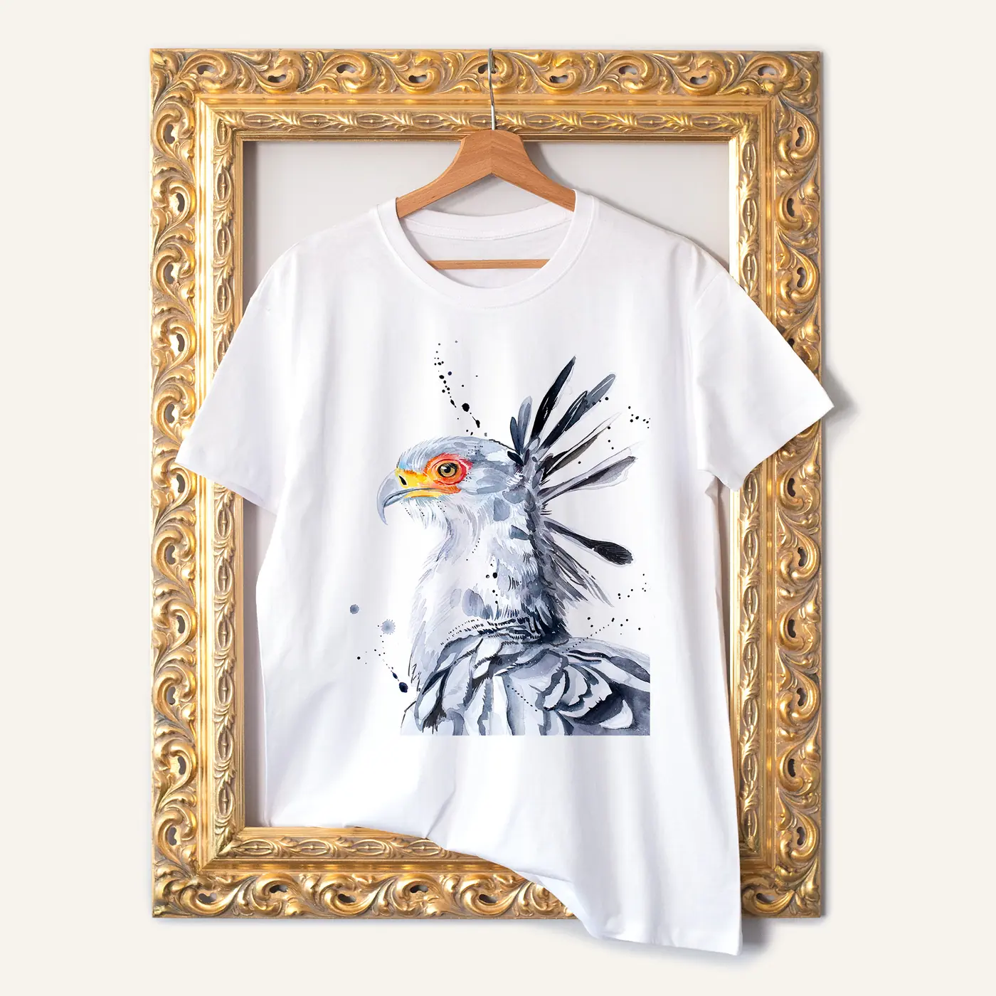 White t-shirt with a watercolour secretary bird print