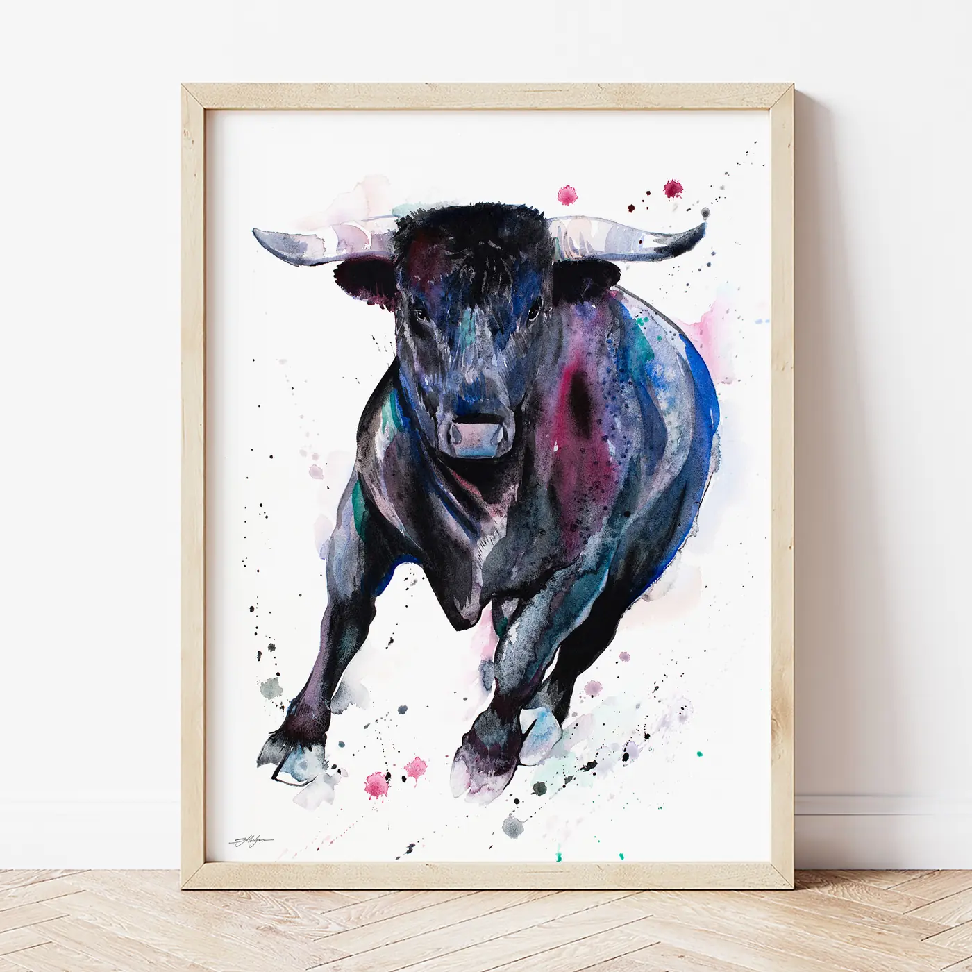Art print with a watercolour bull print