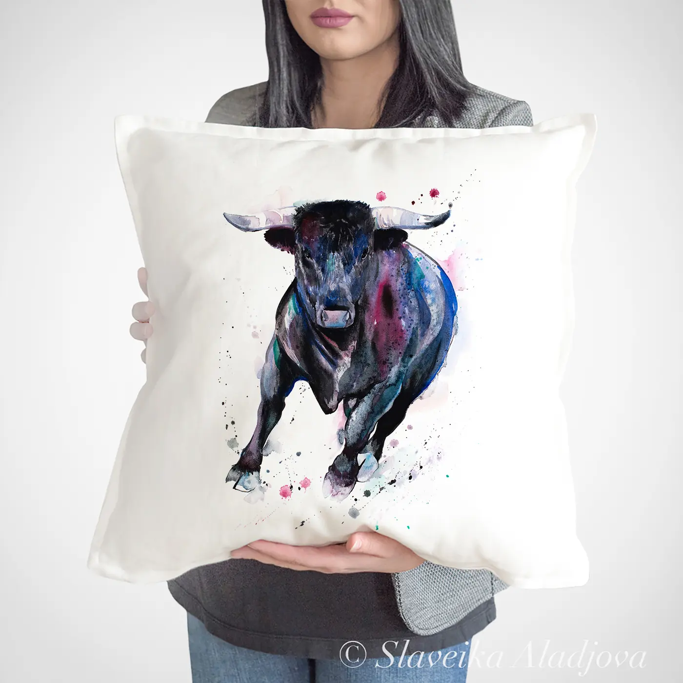 Cushion with a watercolour bull print