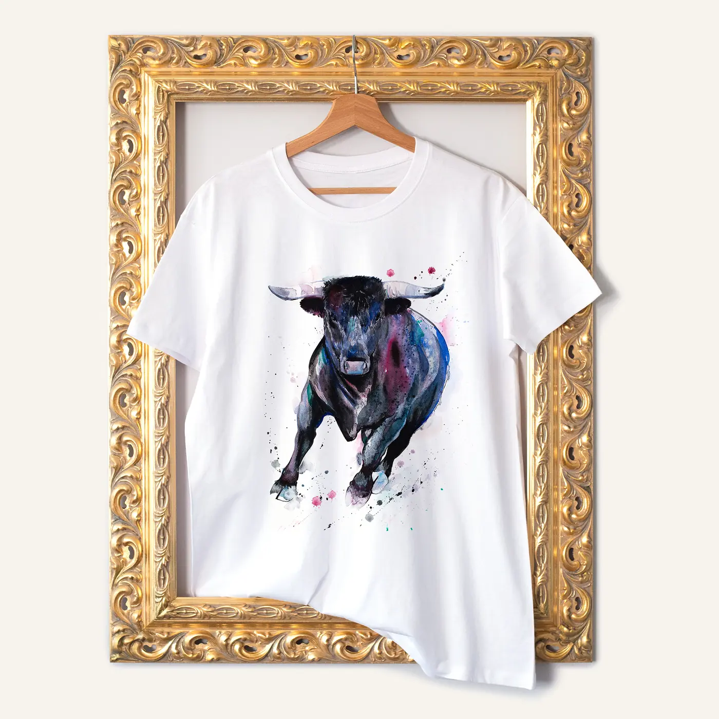 White t-shirt with a watercolour bull print