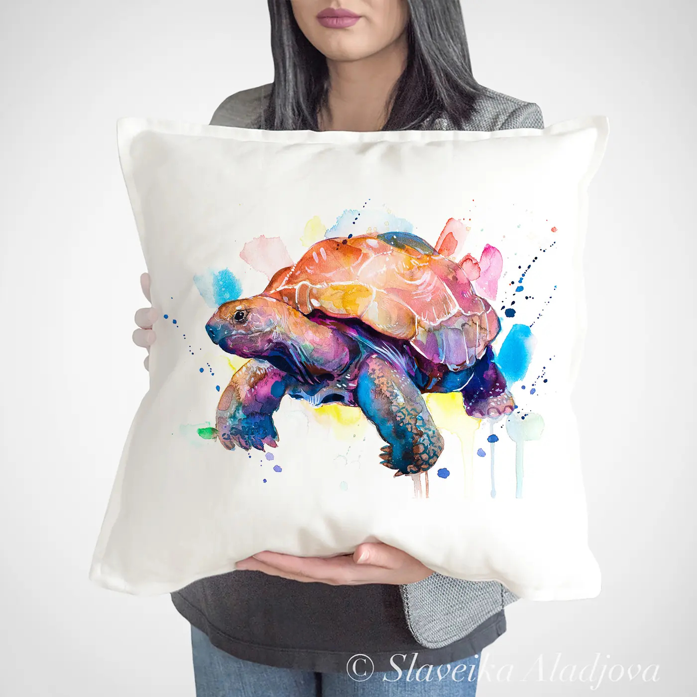 Cushion with a watercolour giant tortoise print