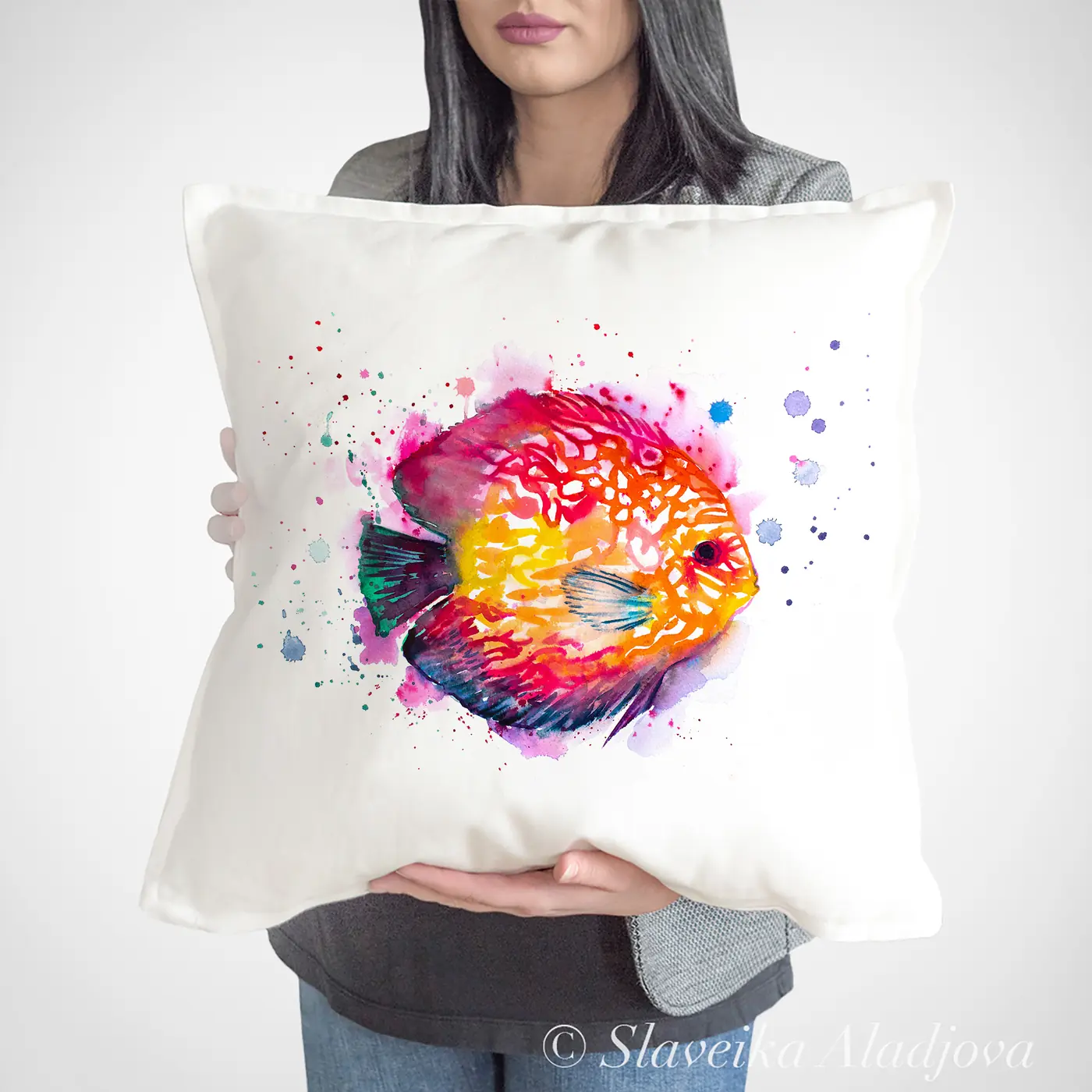 Cushion with a watercolour discus fish print