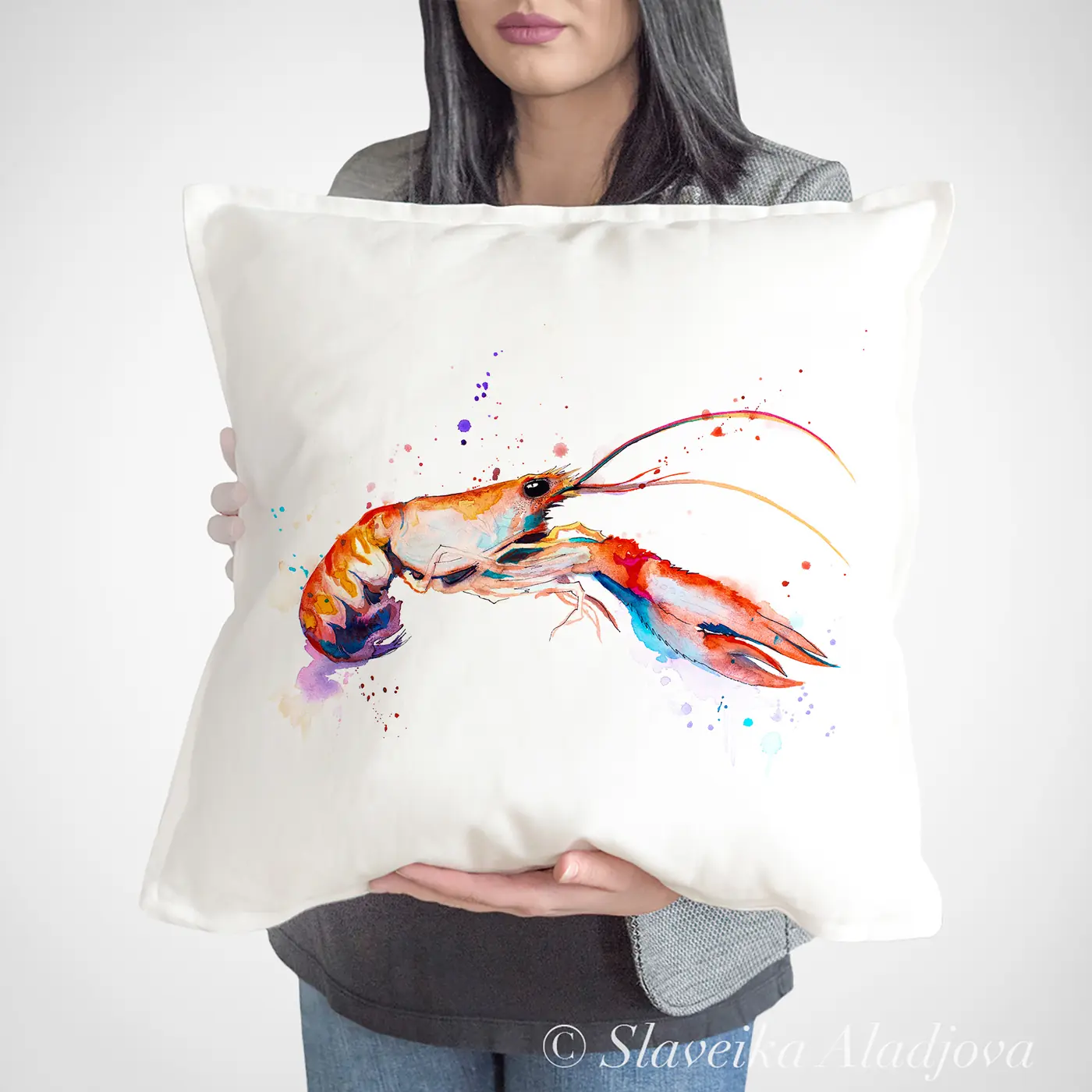Cushion with a watercolour crayfish print