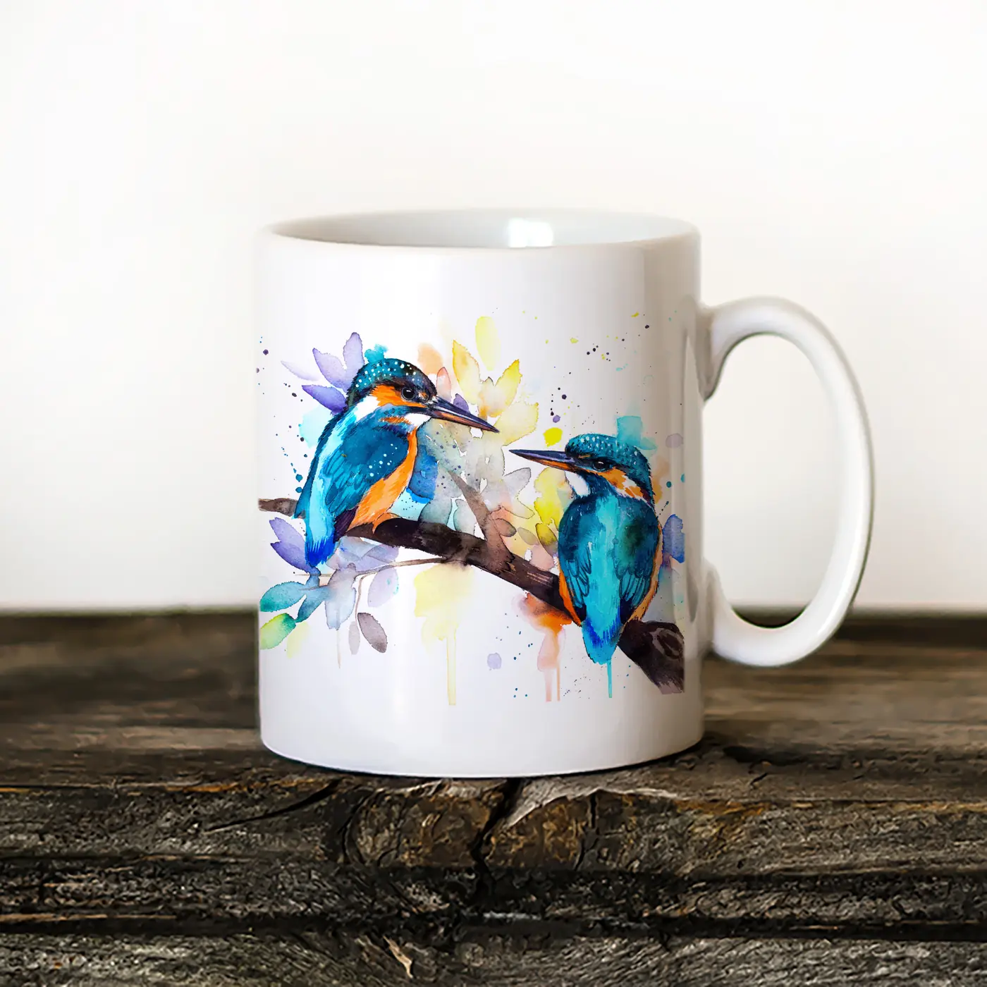 Ceramic mug with a watercolour kingfishers print