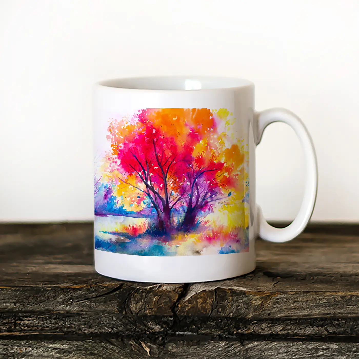 Ceramic mug with a watercolour colourful tree print