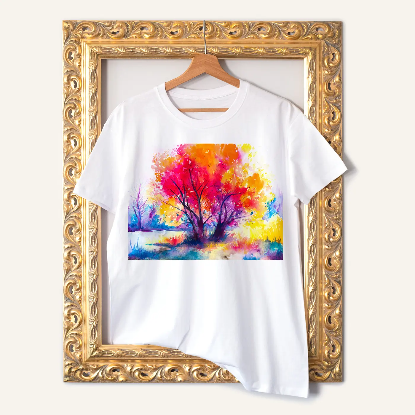 White t-shirt with a watercolour colourful tree print