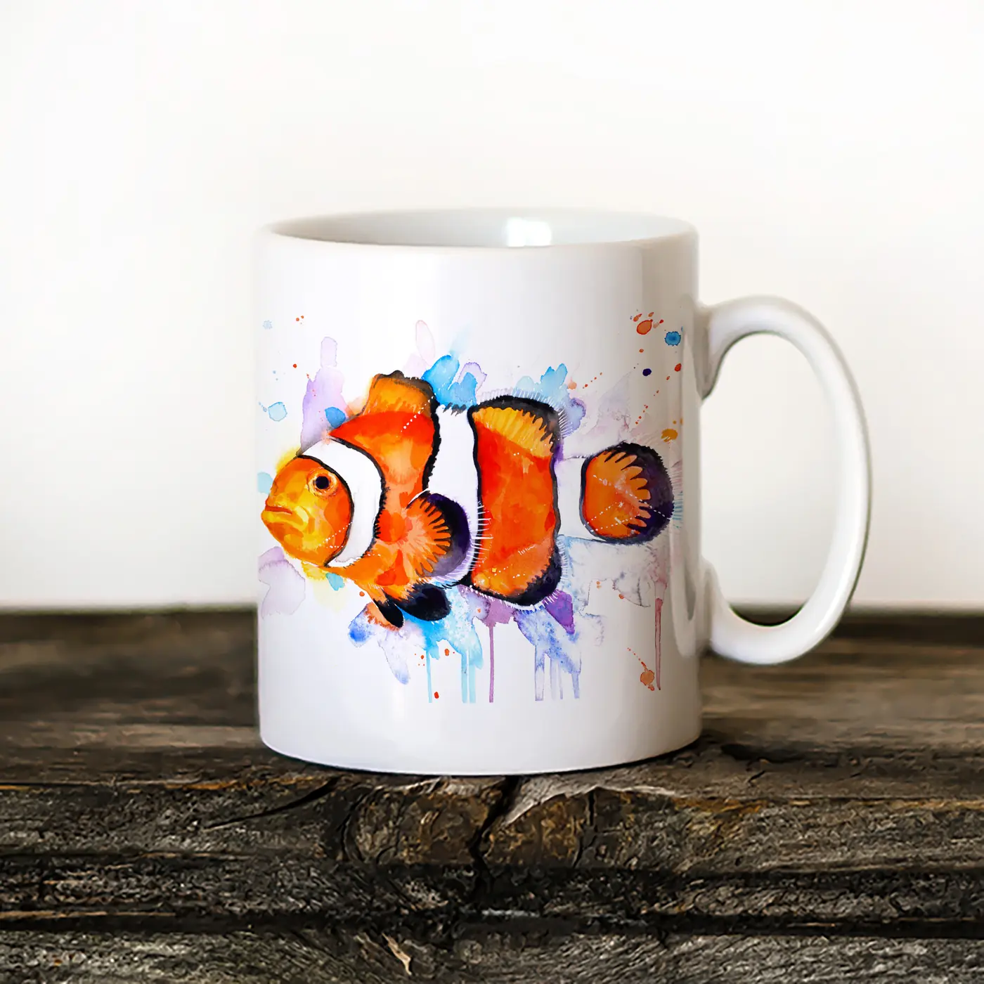Ceramic mug with a watercolour clownfish print