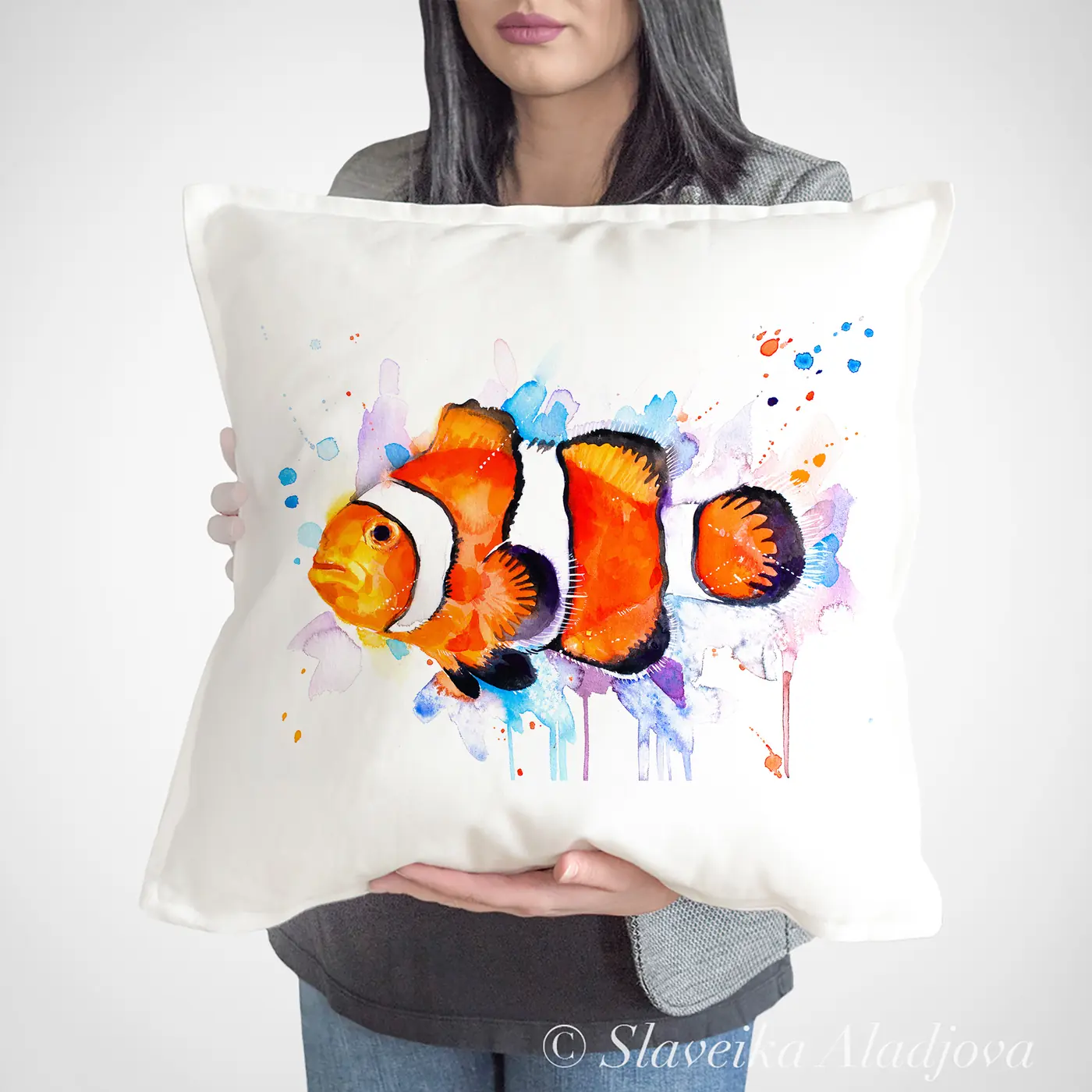 Cushion with a watercolour clownfish print