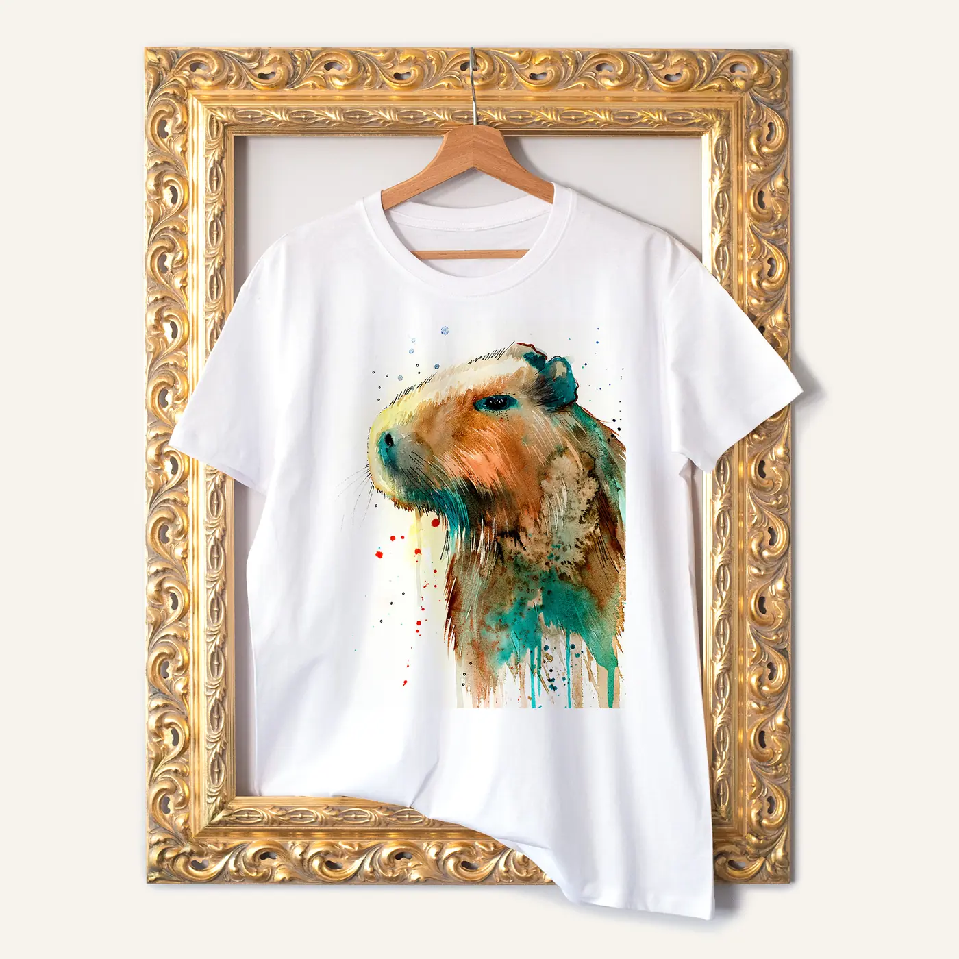 White t-shirt with a watercolour capybara print