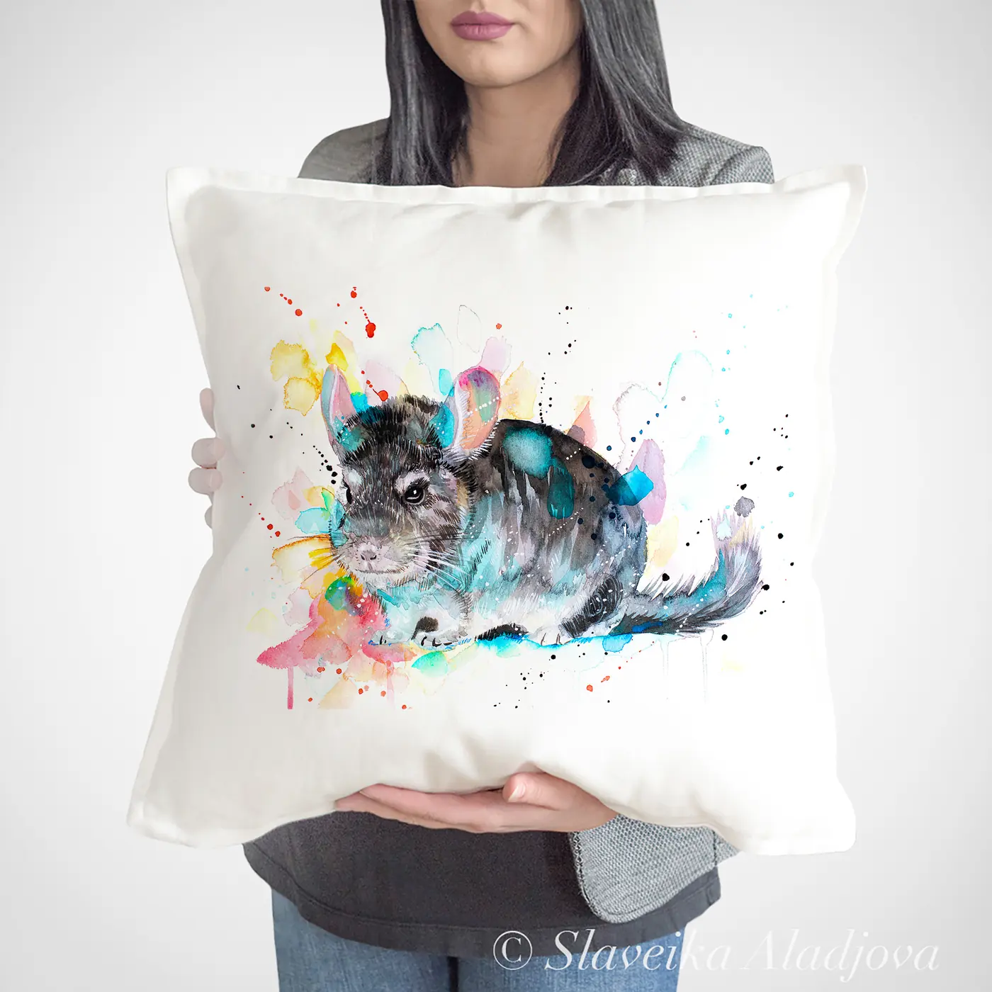 Cushion with a watercolour chinchilla print