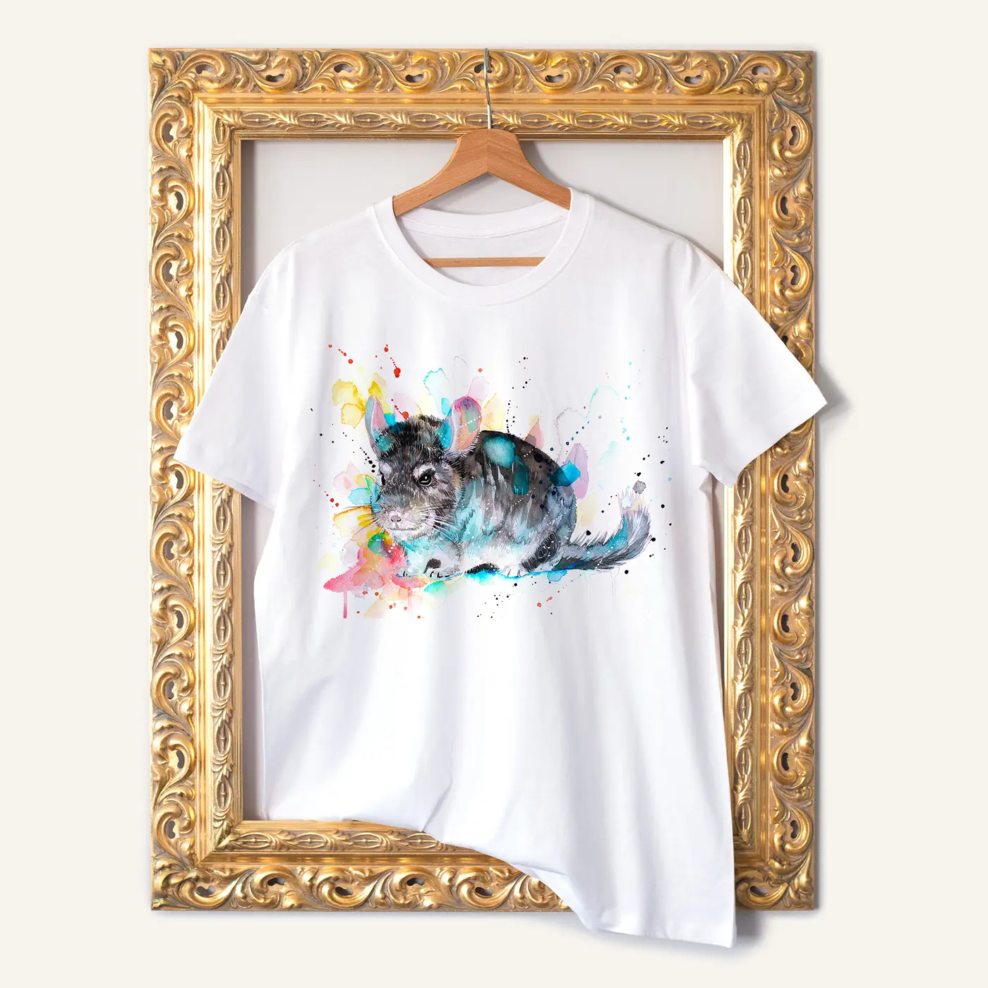 White t-shirt with a watercolour chinchilla print