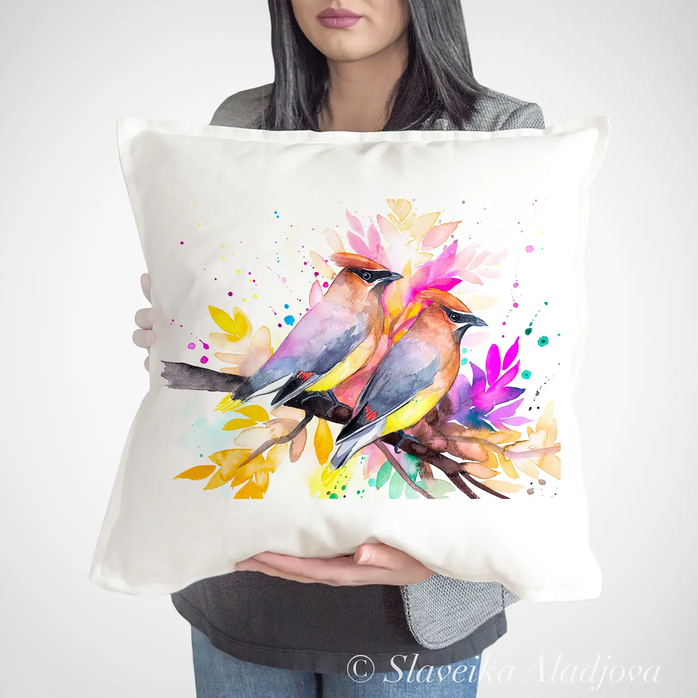 Cushion with a watercolour cedar waxwing print