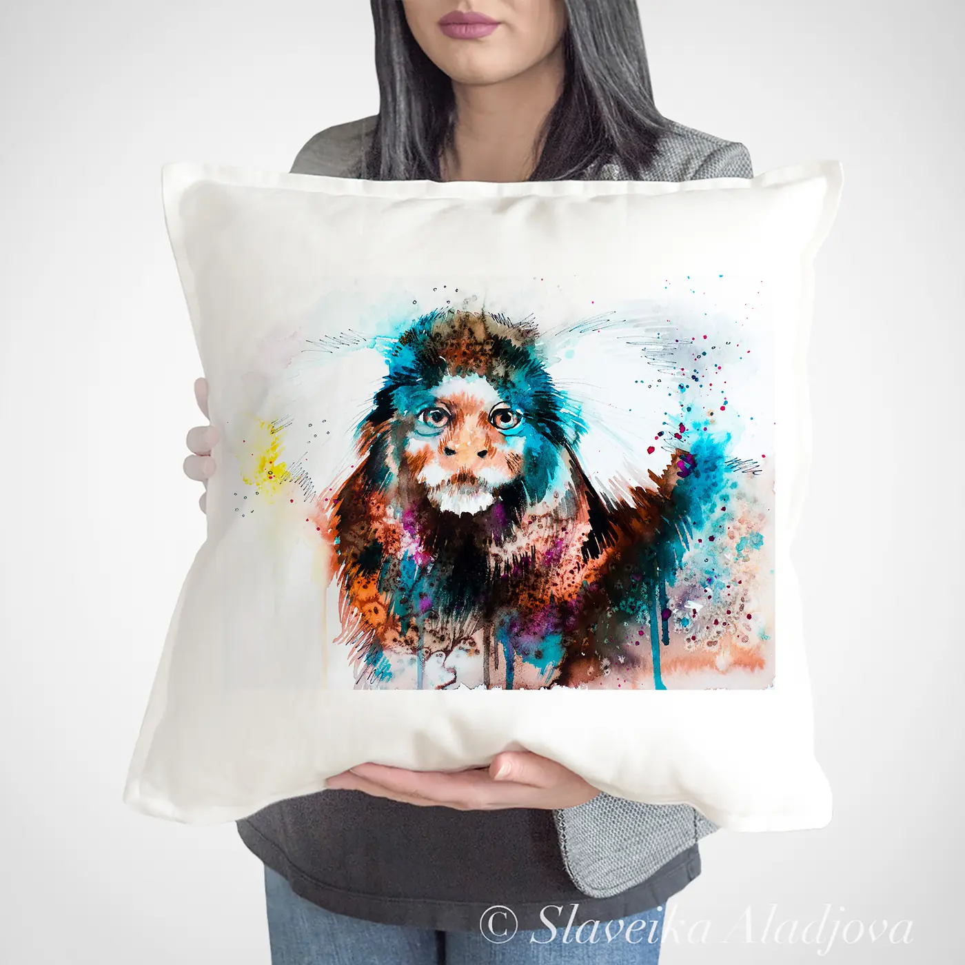 Cushion with a watercolour common marmoset print