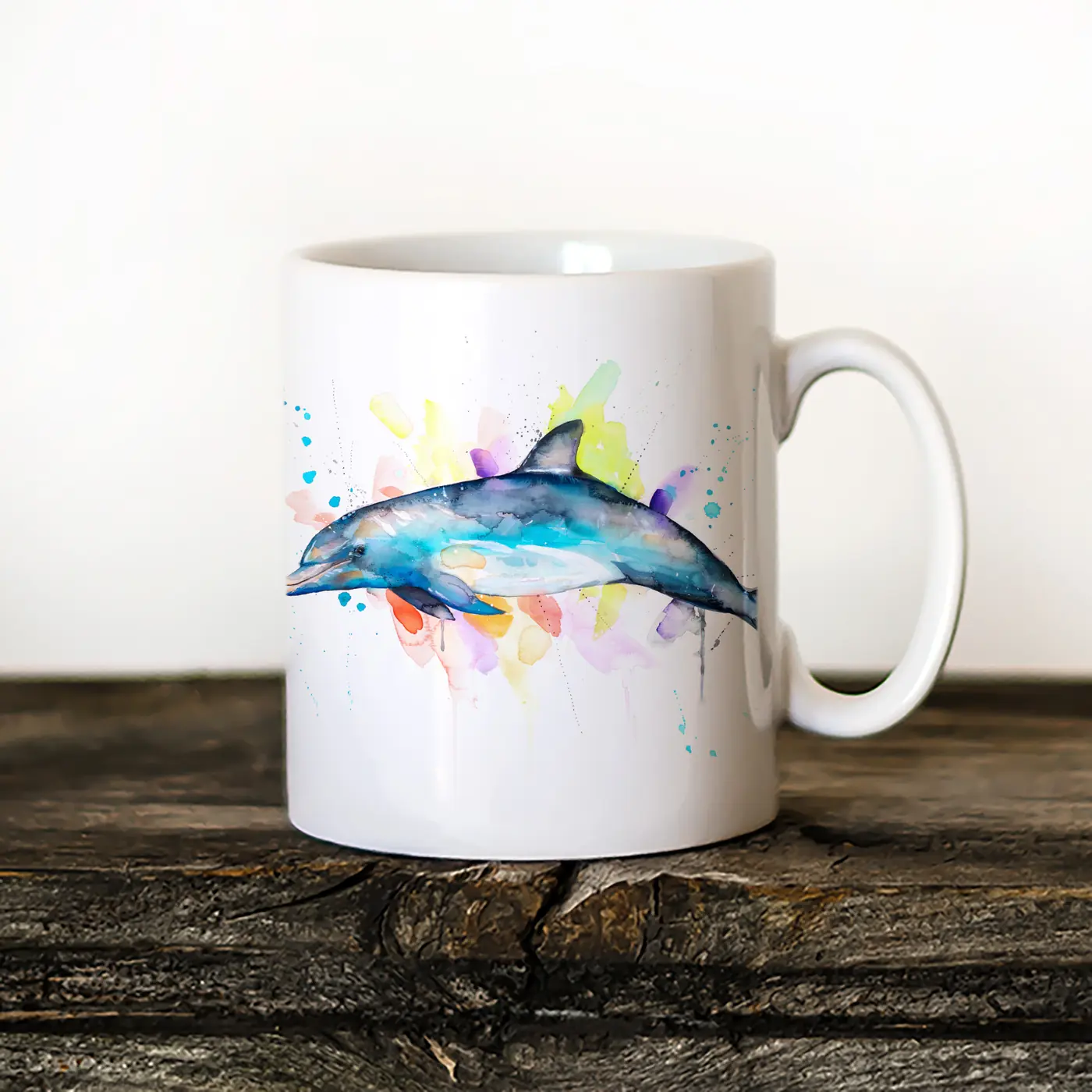 Ceramic mug with a watercolour bottlenose dolphin print