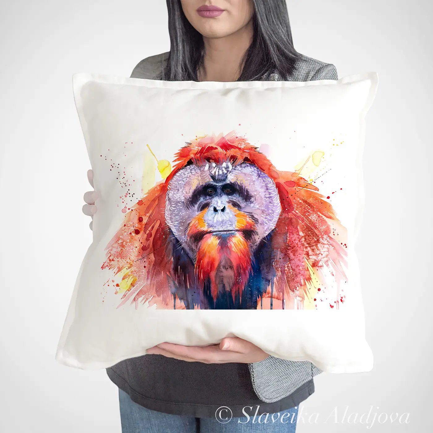 Cushion with a watercolour bornean orangutan print
