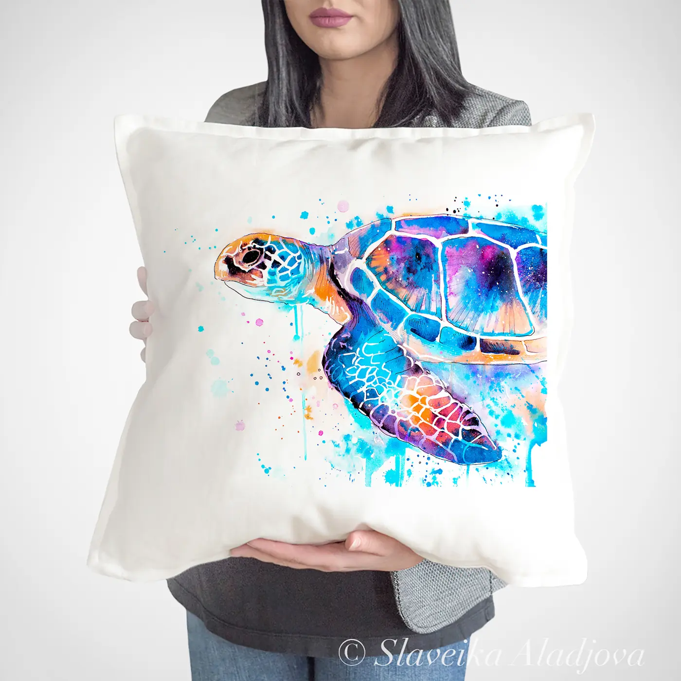 Cushion with a watercolour sea turtle print
