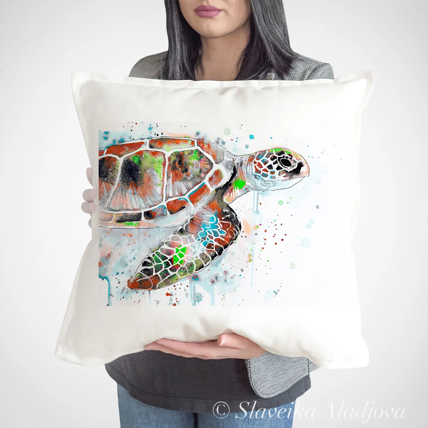 Cushion with a watercolour green sea turtle print