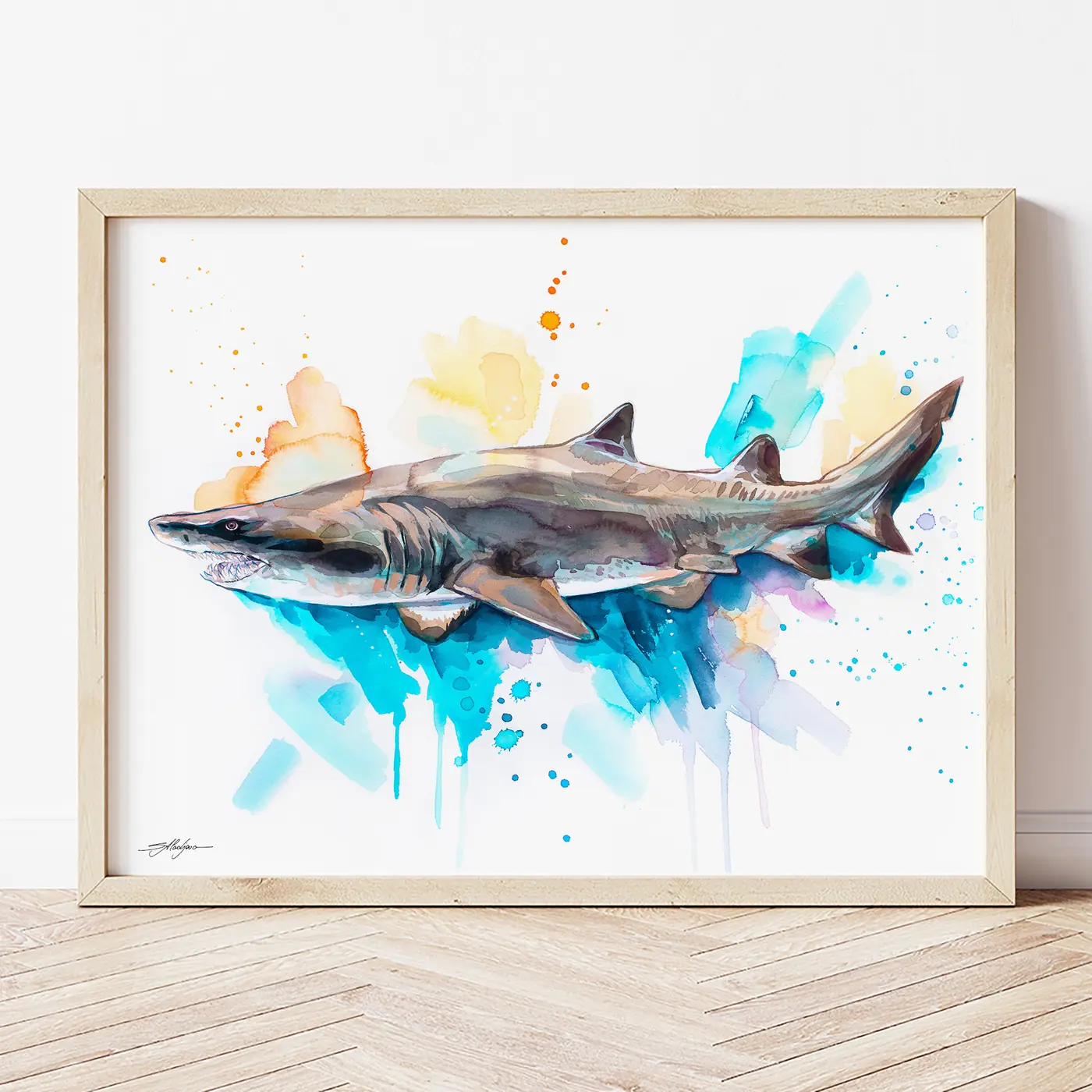 Art print with a watercolour sand tiger shark print