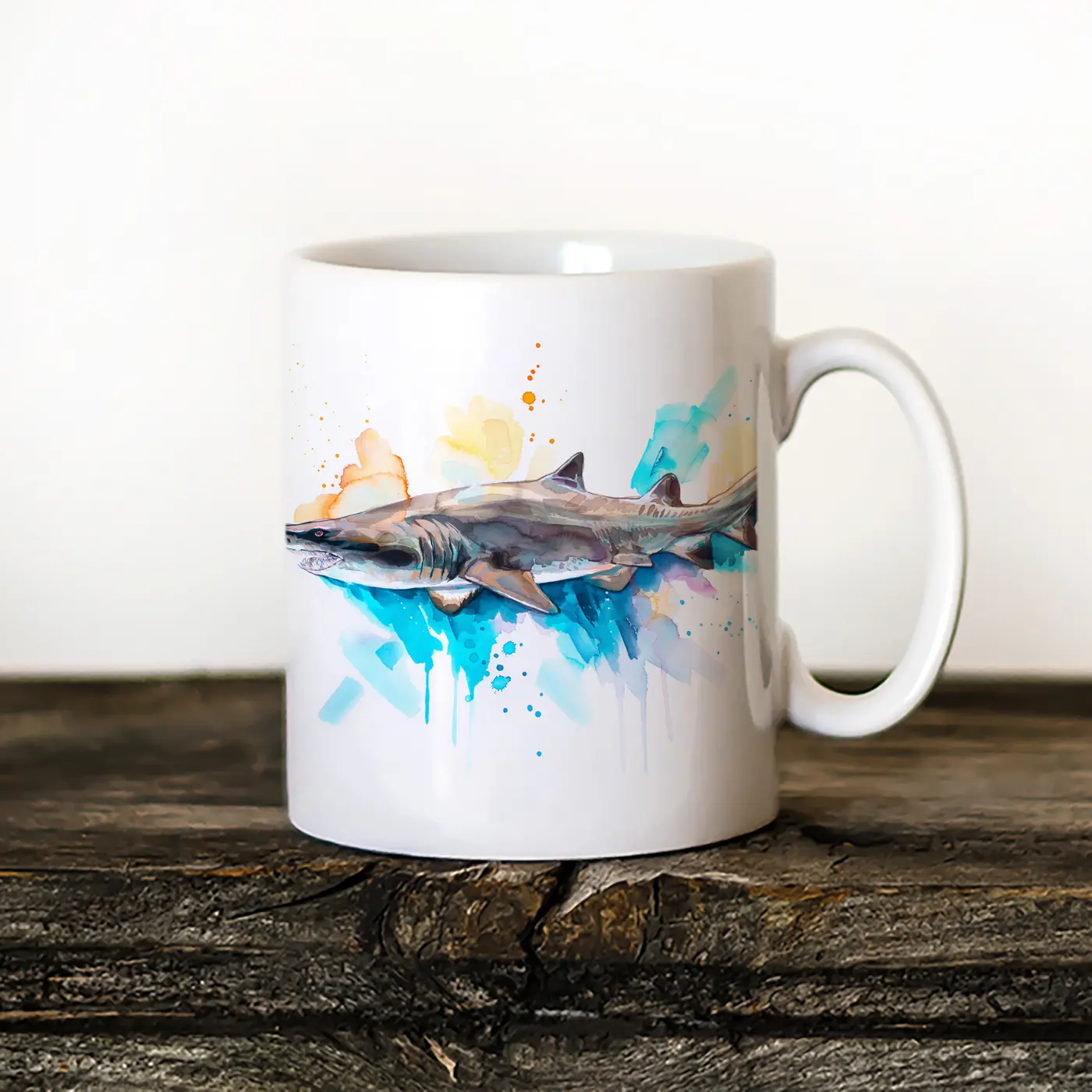 Ceramic mug with a watercolour sand tiger shark print