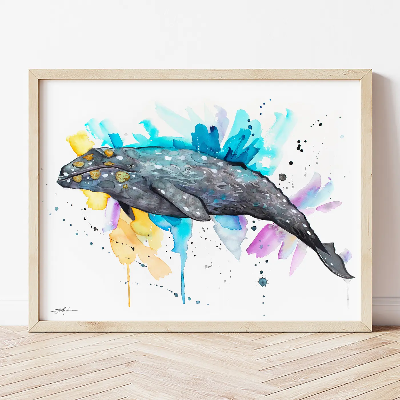 Art print with a watercolour grey whale print